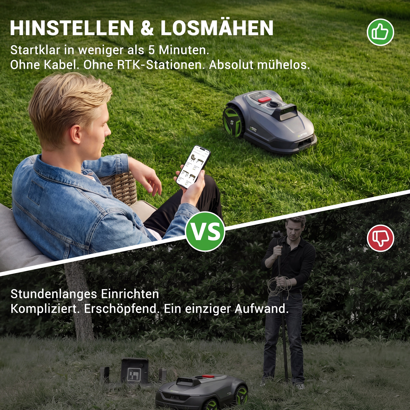 Vergleich der einfachen Roboter-Rasenmäher-Einrichtung per App versus komplizierte klassische Installation.