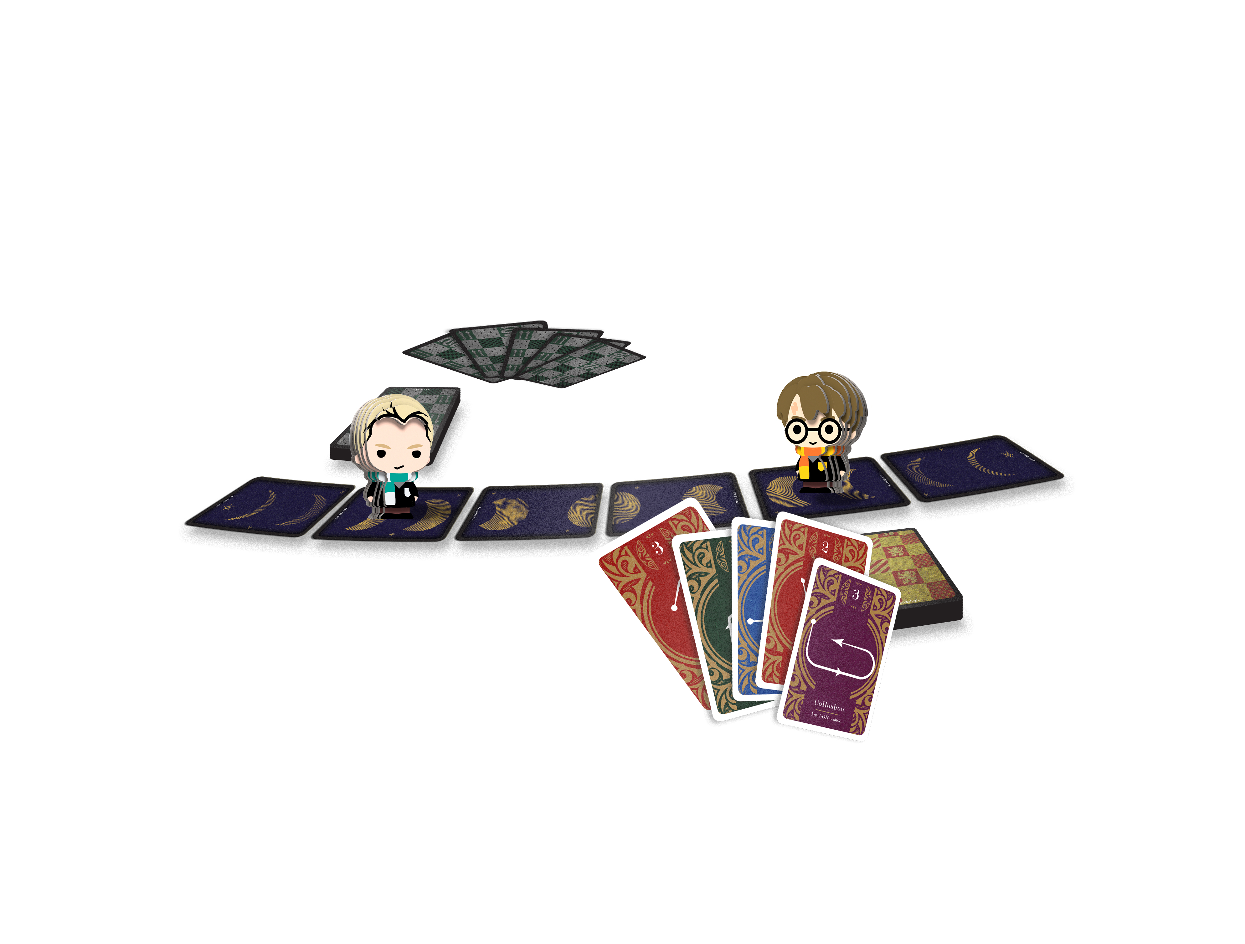 Harry Potter Kartenspiel mit Figuren von Harry und Draco auf einer Pfad aus Mondkarten vor weißem Hintergrund.