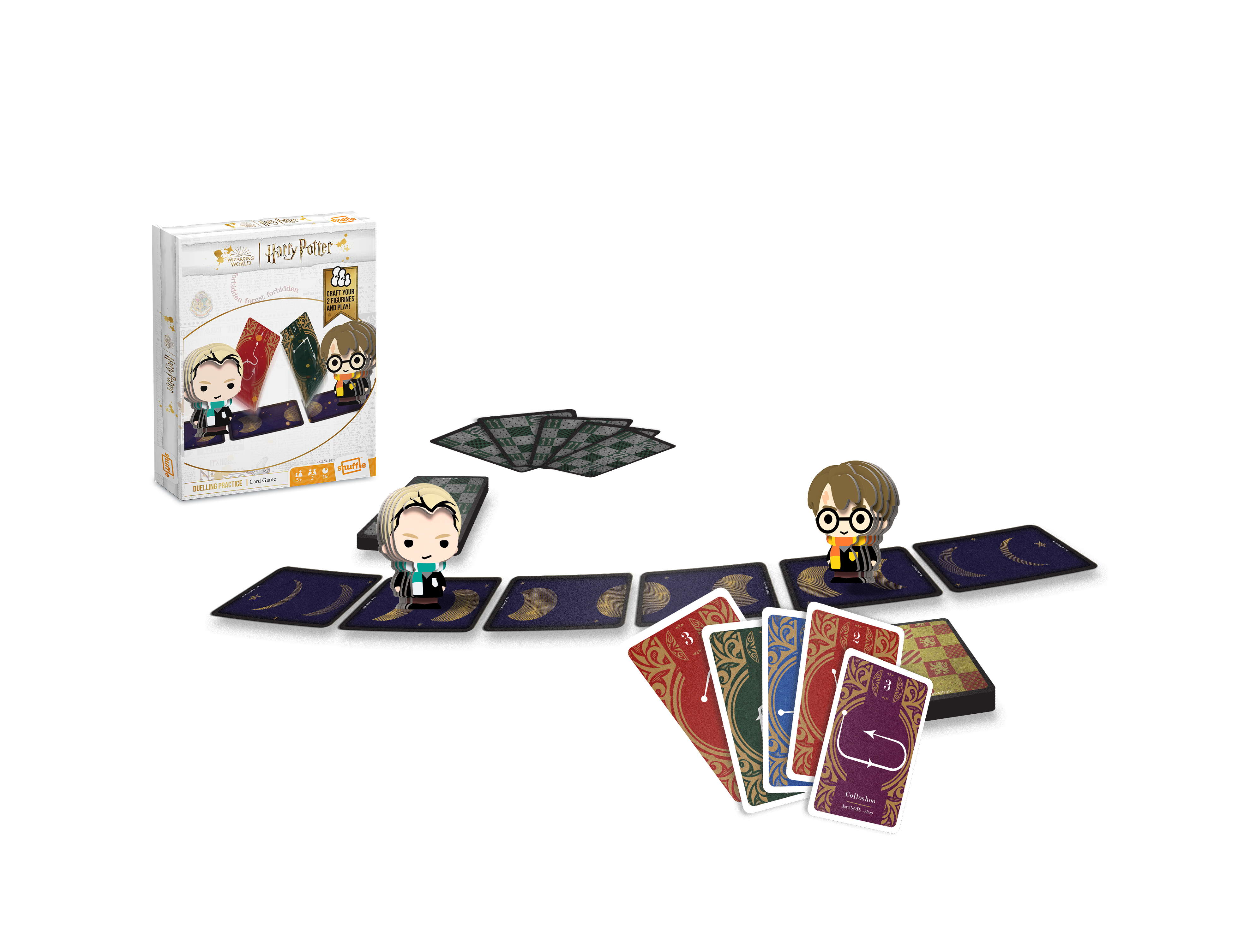 Harry Potter Kartenspiel mit Schachtel, zwei Figuren und bunten Spielkarten auf weißem Hintergrund.