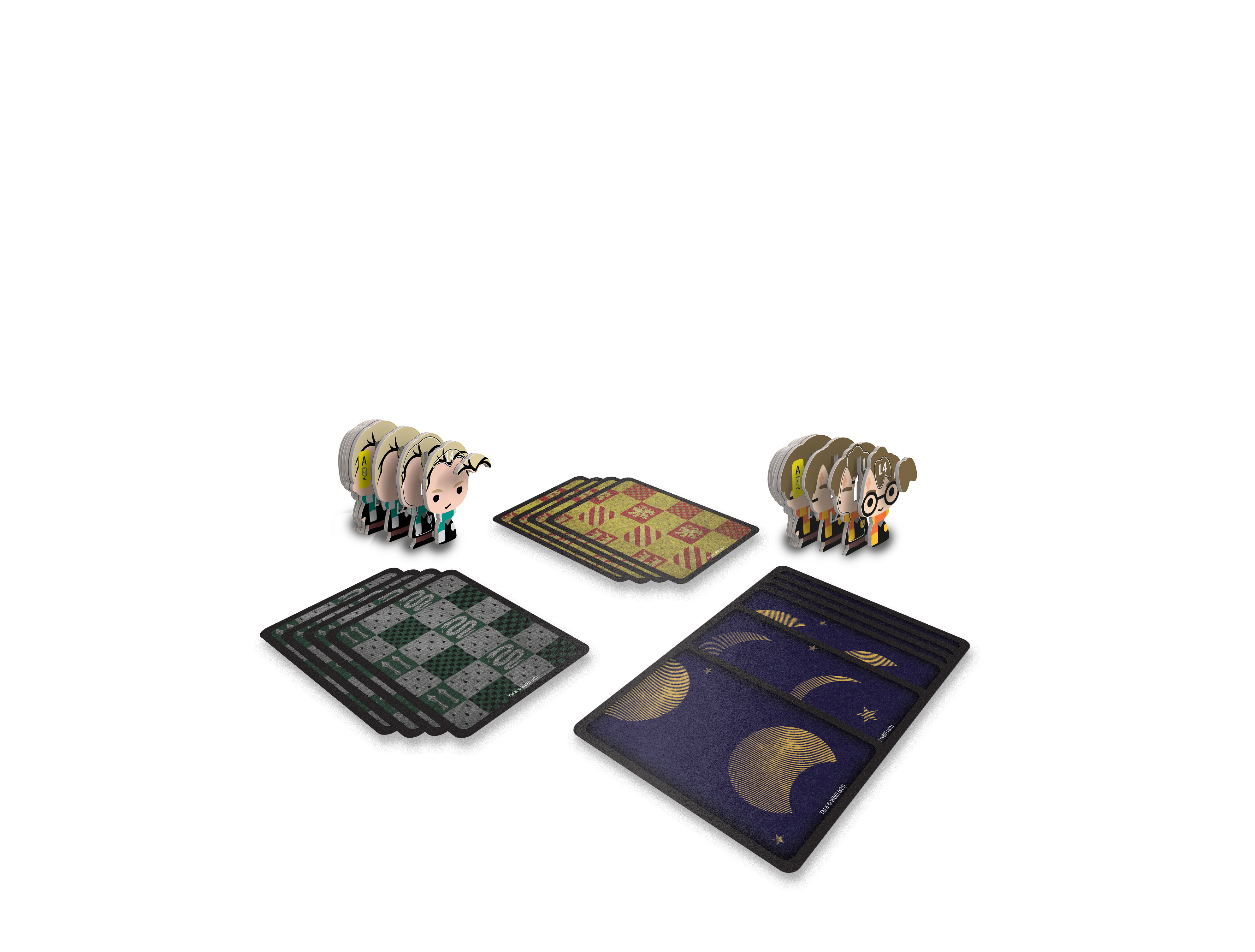 Harry-Potter-Kartenspielkomponenten mit Charakter-Aufstellern, rot-goldenen Wappenkarten, grünen Schachkarten und Mondkarten.