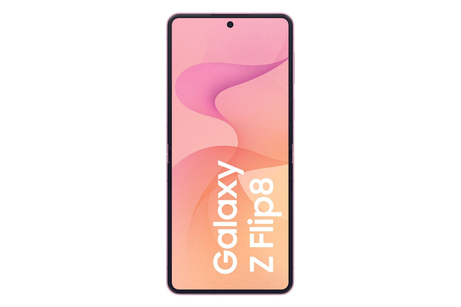 Ein rosafarbenes Galaxy Z Flip8-Smartphone mit einem pinken abstrakten Hintergrund auf dem hellen Display.