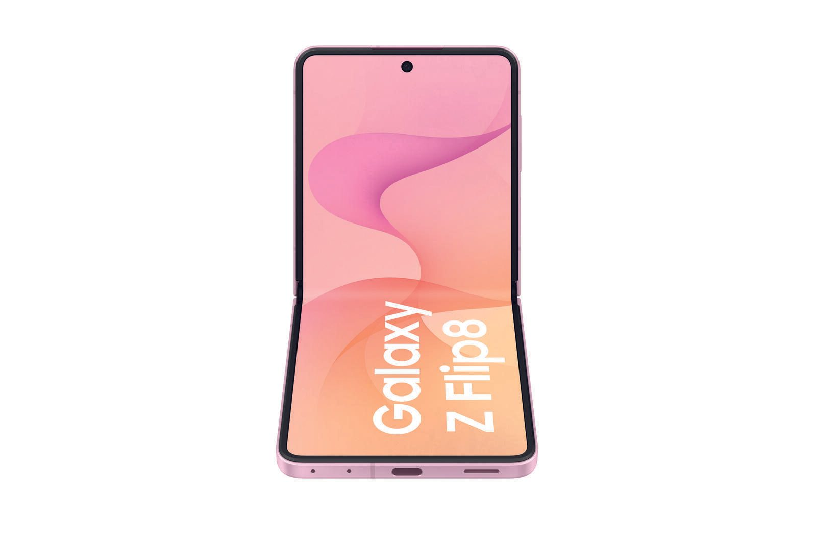 Ein pinkes Galaxy Z Flip8 Smartphone ist halb aufgeklappt und zeigt den Bildschirm mit Text vor einem weissen Hintergrund.
