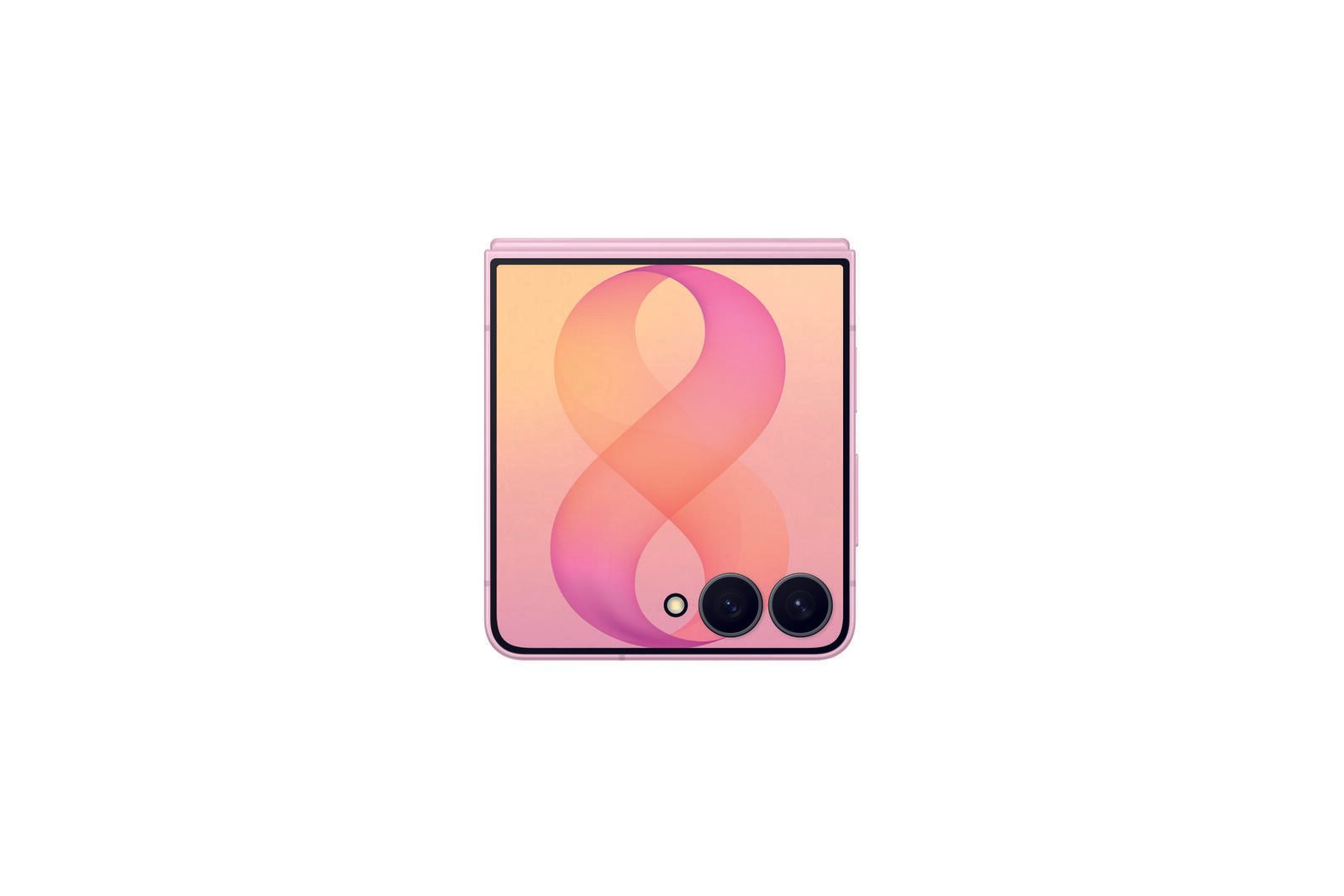Ein rosa faltbares Smartphone mit Dual-Kamera auf der Rückseite und farbigem abstrakten Hintergrund.