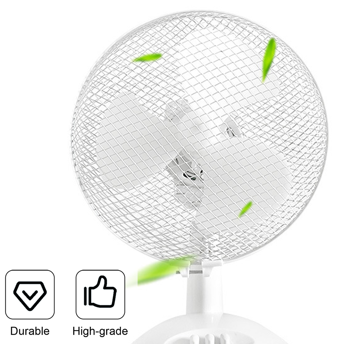 Weißer Tischventilator mit Schutzgitter und grünen Grafikelementen. Unten Symbole für langlebig und hochwertig.