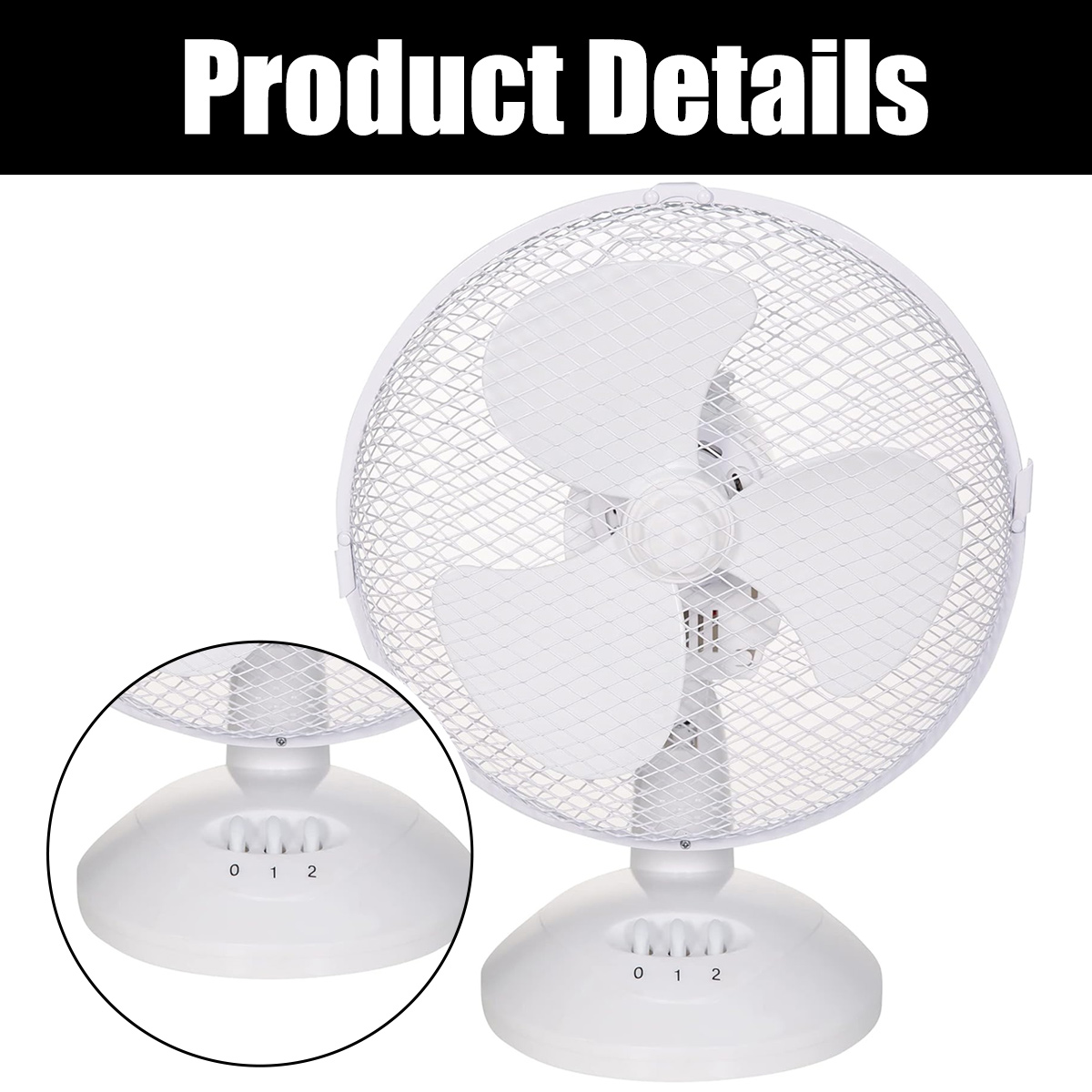 Ein weißer Tischventilator mit drei Blättern und Geschwindigkeitsknöpfen.