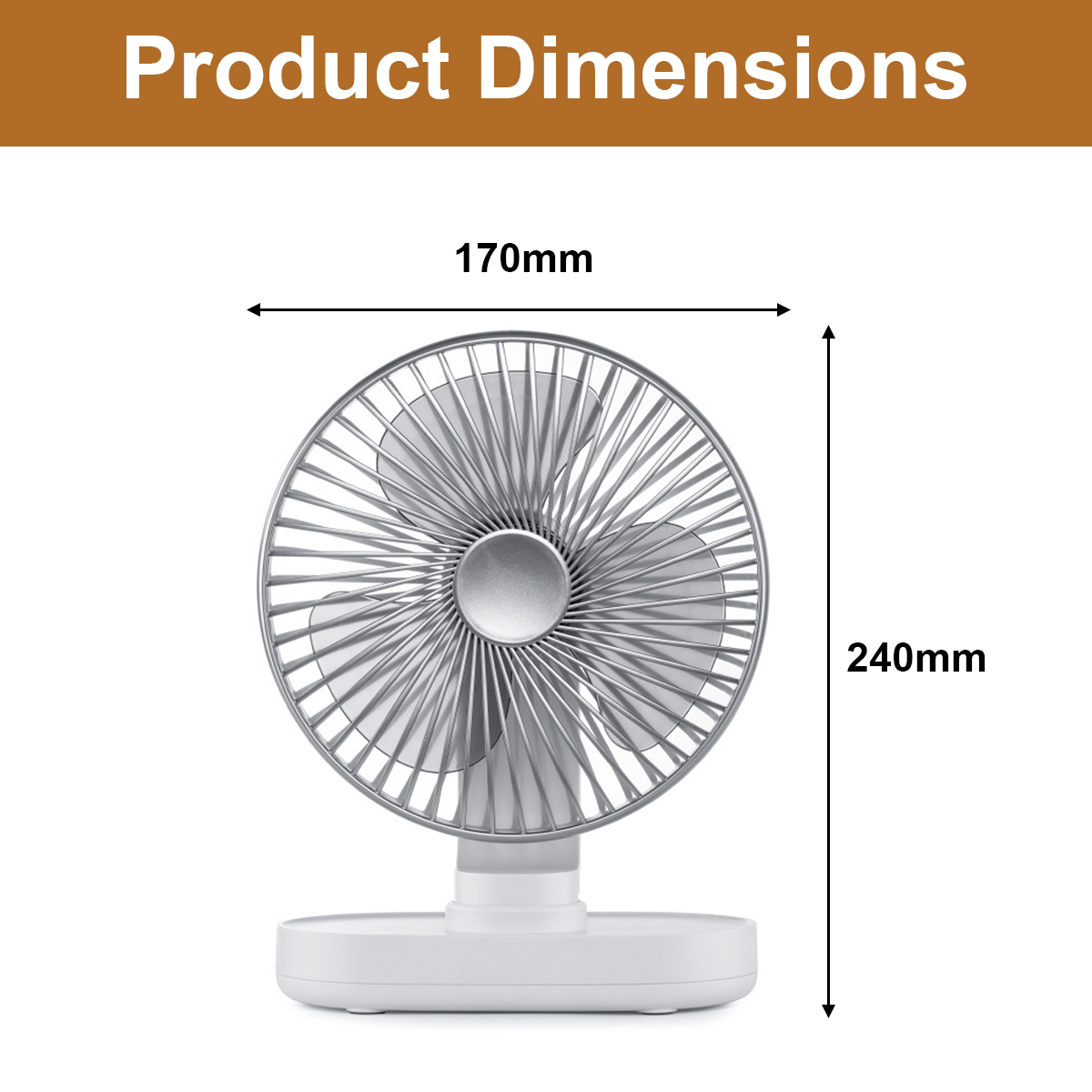 Produktdimensionen eines kleinen weißen Tischventilators: 170 mm Breite und 240 mm Höhe.