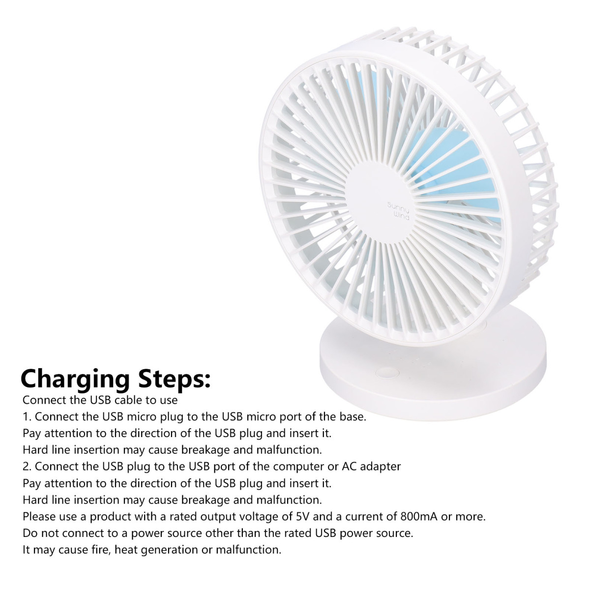 Kleiner weißer Tischventilator mit blauem Innenleben und Ladeanleitung.