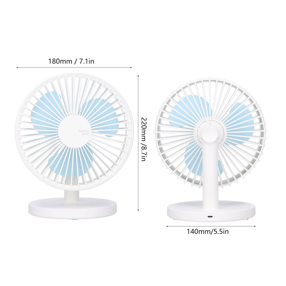 Weißer Tischventilator mit blauen Flügeln, Vorder- und Rückansicht, zeigt Maße in Millimetern und Zoll auf weißem Grund.