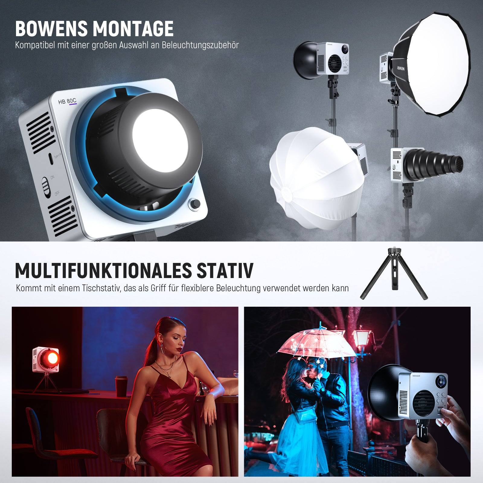 Eine Studiolampe mit Bowens-Halterung, Zubehör, Mini-Stativ und Porträtsfotos mit der Lampe.