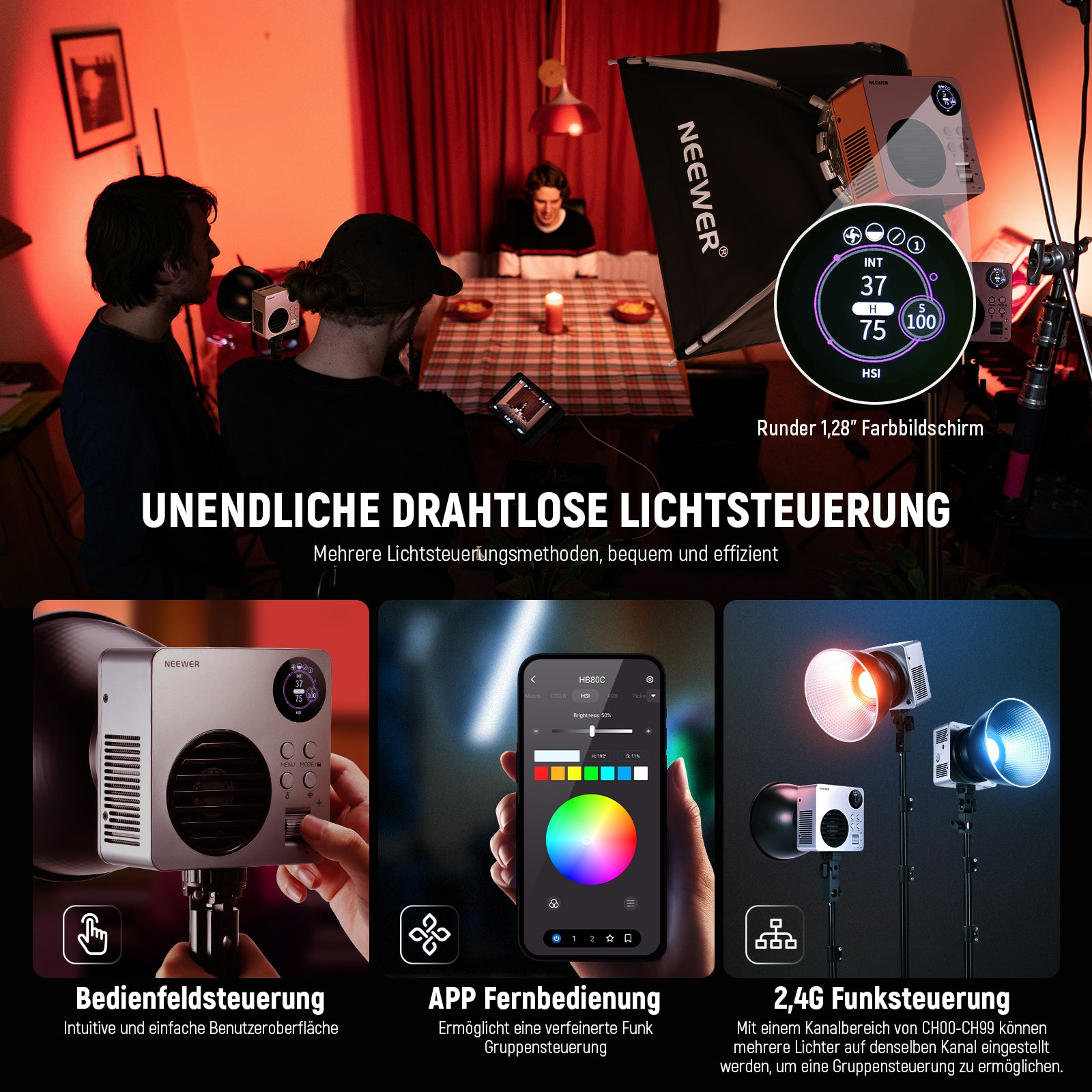 Neewer LED-Leuchte mit Display, App- und Funksteuerung im Studio.