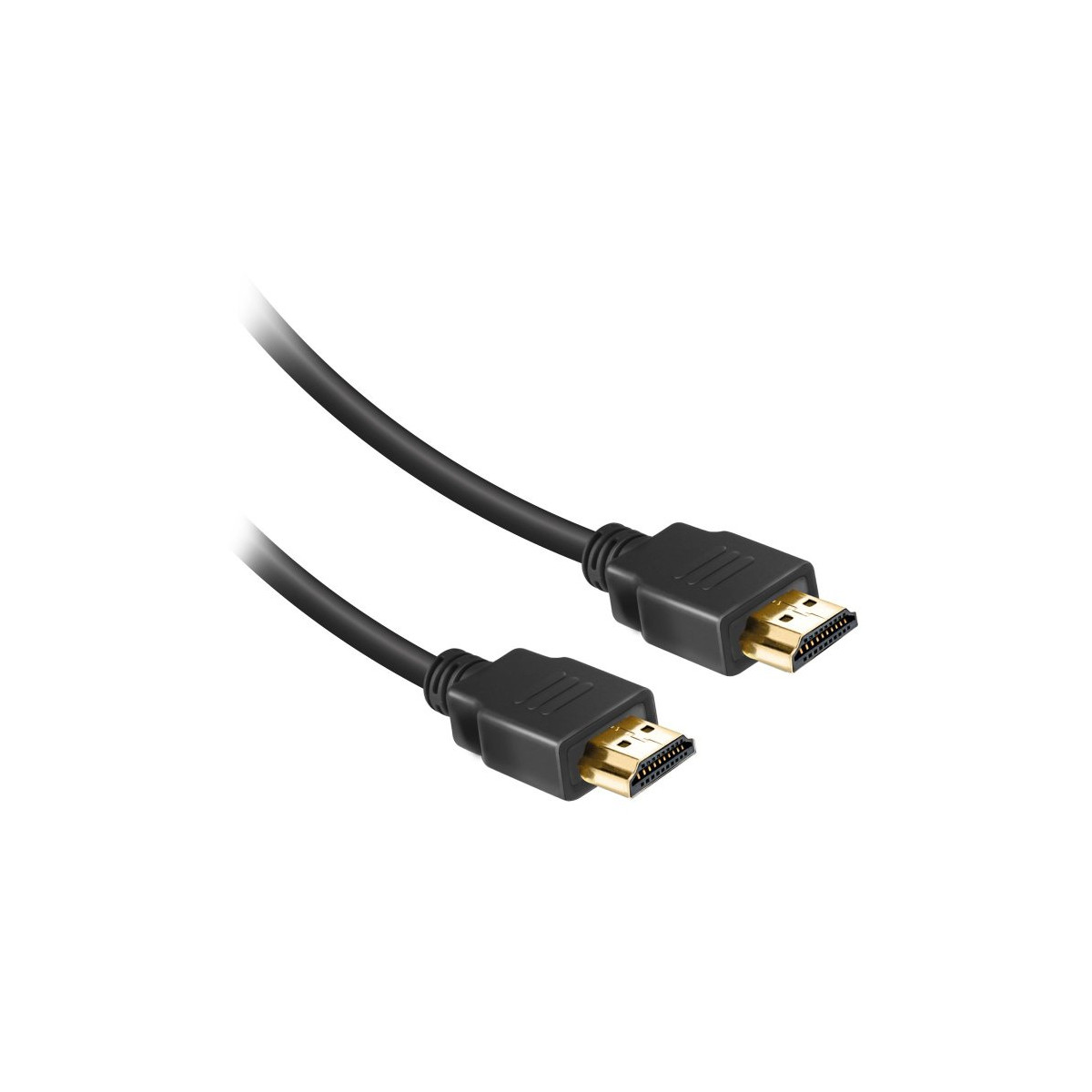 Cable HDMI negro con conectores chapados en oro sobre fondo blanco.