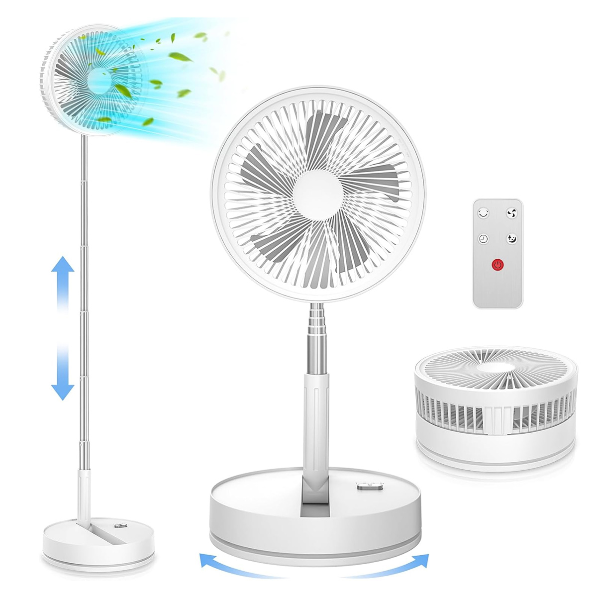Weißer, ausziehbarer und zusammenklappbarer Elektroventilator mit Fernbedienung in verschiedenen Modi.
