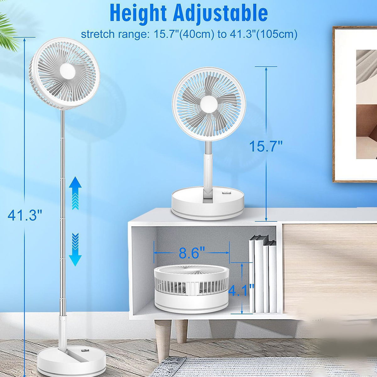 Höhenverstellbarer weißer Ventilator mit Maßangaben von 15,7 bis 41,3 Zoll auf einem Tisch.