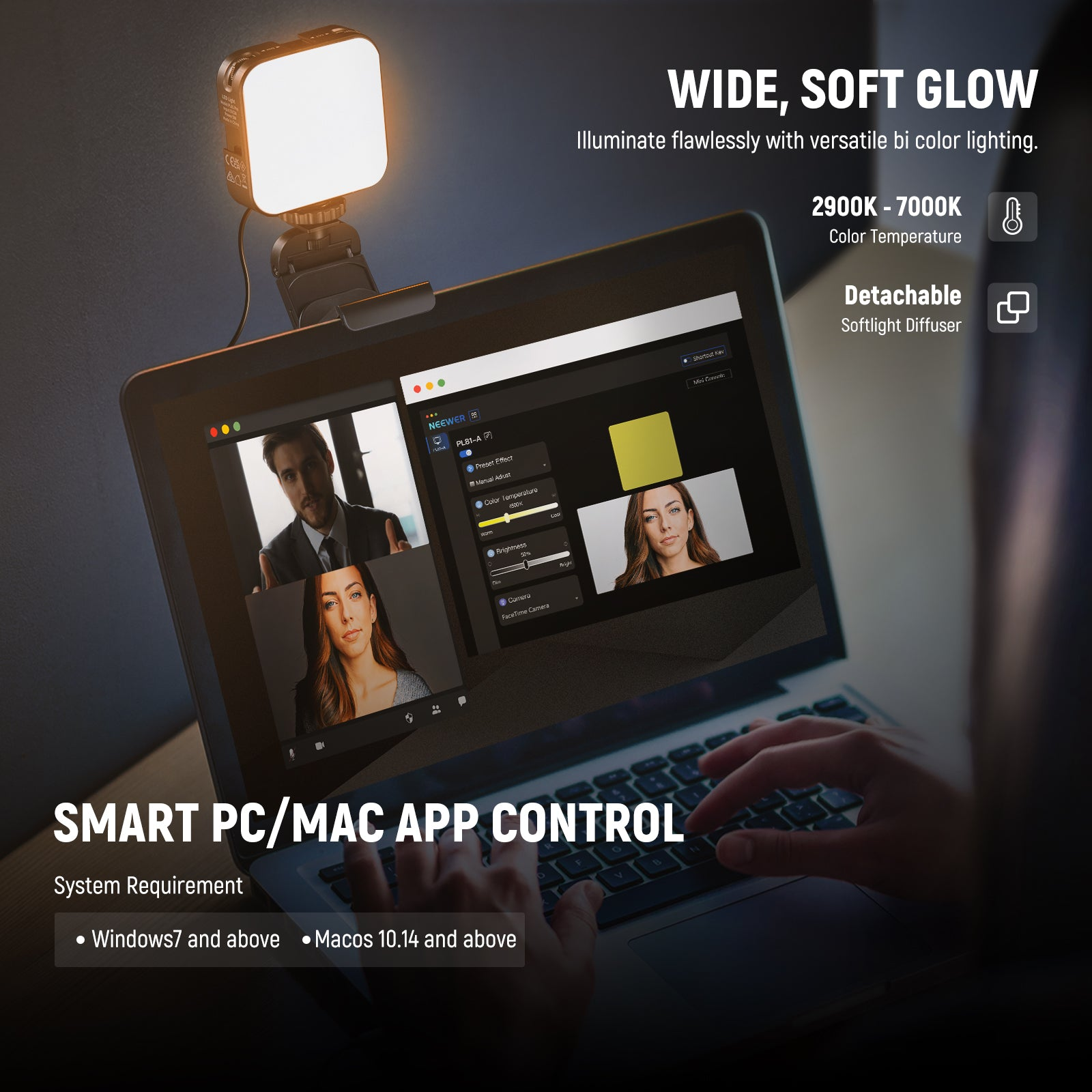 LED-Leuchte oben am Laptop, der eine Videoanwendung und App-Steuerung anzeigt.