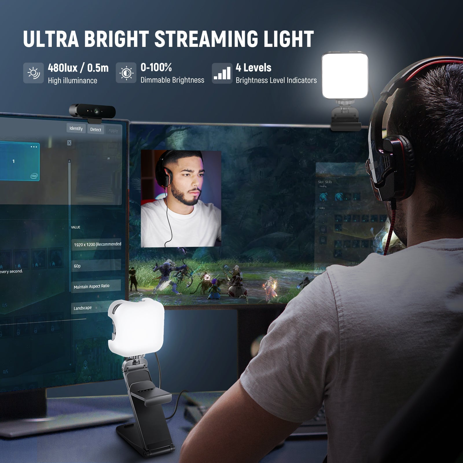 Ein Streamer mit Headset vor Monitoren zeigt zwei helle LED-Leuchten für Gaming und Streaming.
