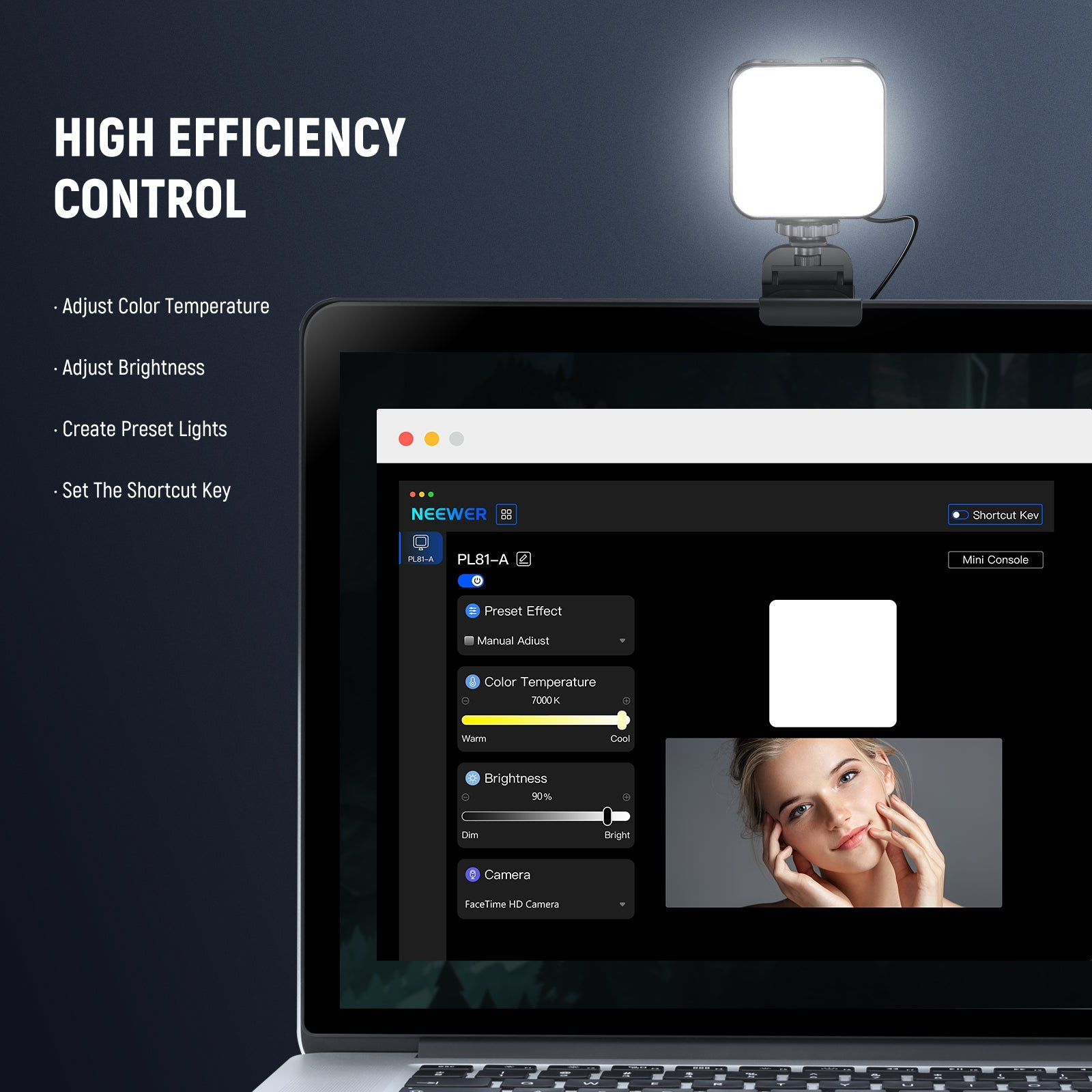Laptop mit Software zur Steuerung von Farbtemperatur, Helligkeit und Effekten für ein angebrachtes LED-Licht.