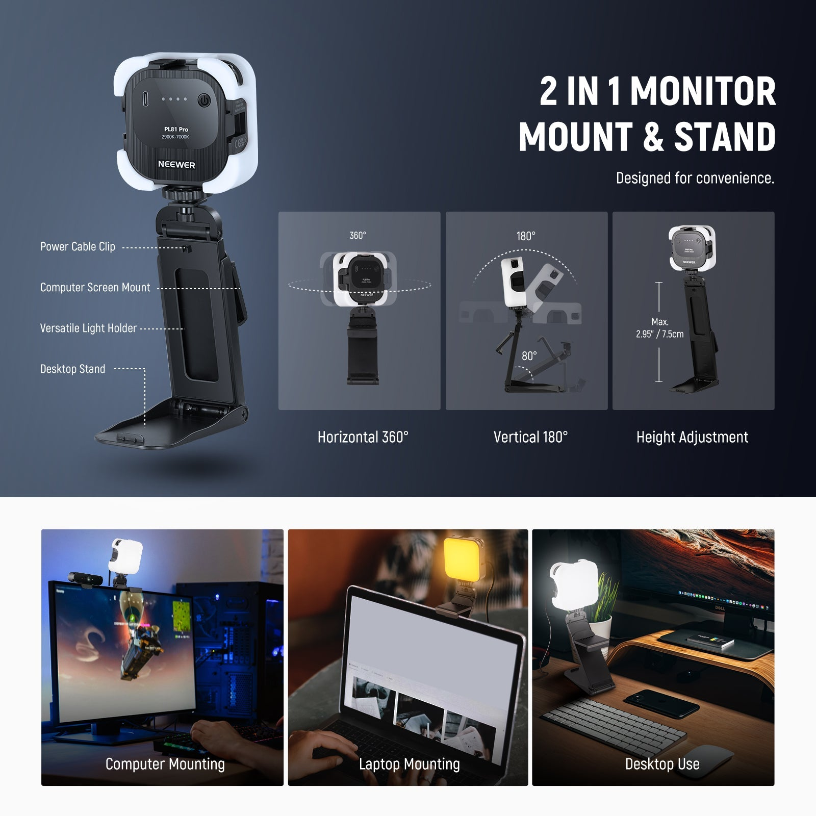 Produktwerbung für Neewer 2-in-1-Monitorhalterung und -ständer mit LED-Licht in verschiedenen Anwendungszenarien.