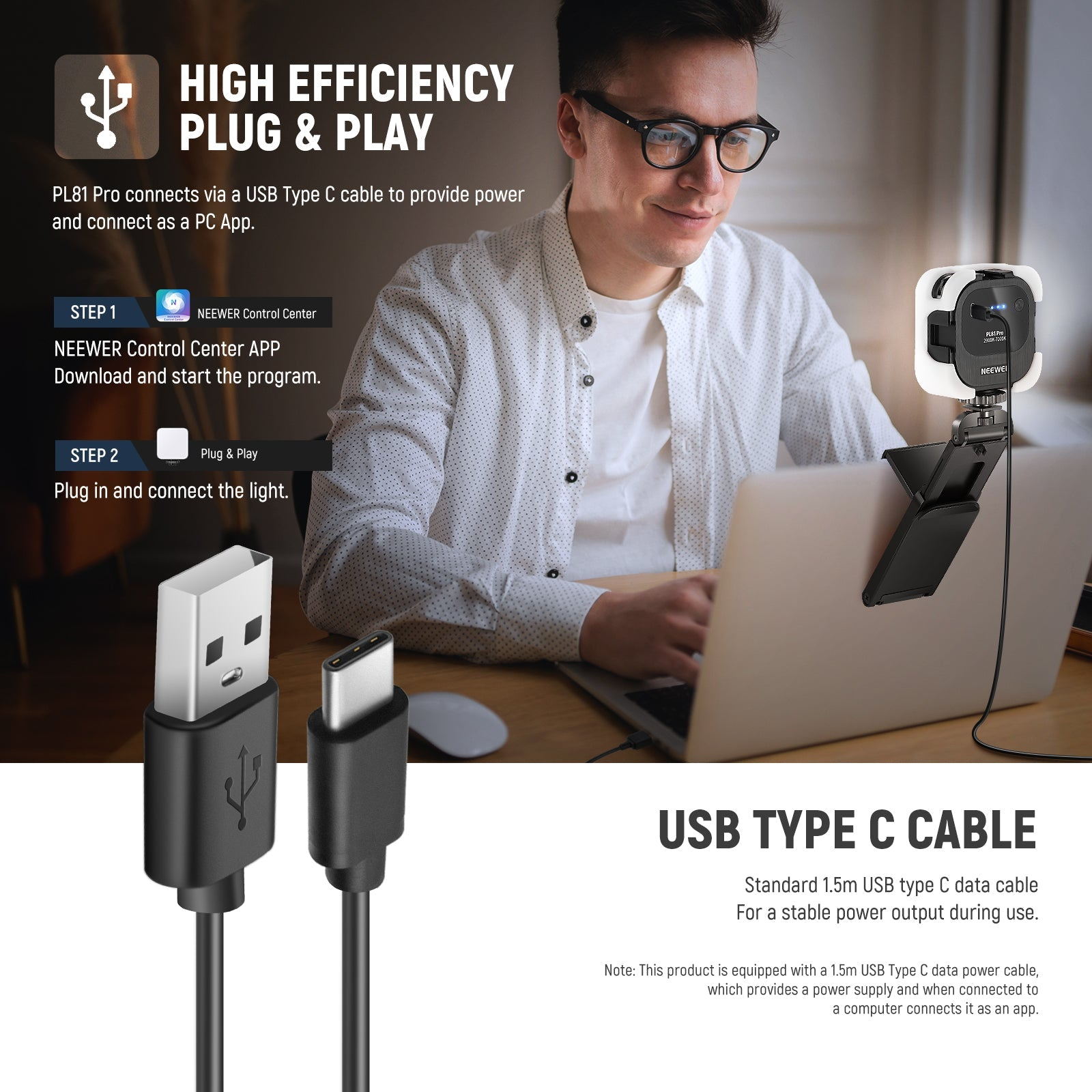 Ein USB-C-Kabel verbindet eine kleine Leuchte mit einem Laptop, während ein Mann daran arbeitet.