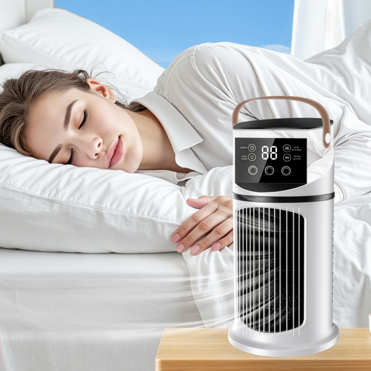 Una mujer duerme plácidamente en la cama mientras un pequeño ventilador de torre blanco está en la mesita.