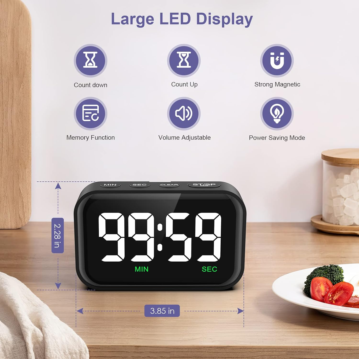 Digitale Küchenuhr mit großem LED-Display und Funktionen wie Count-up, Countdown und verstellbarer Lautstärke.