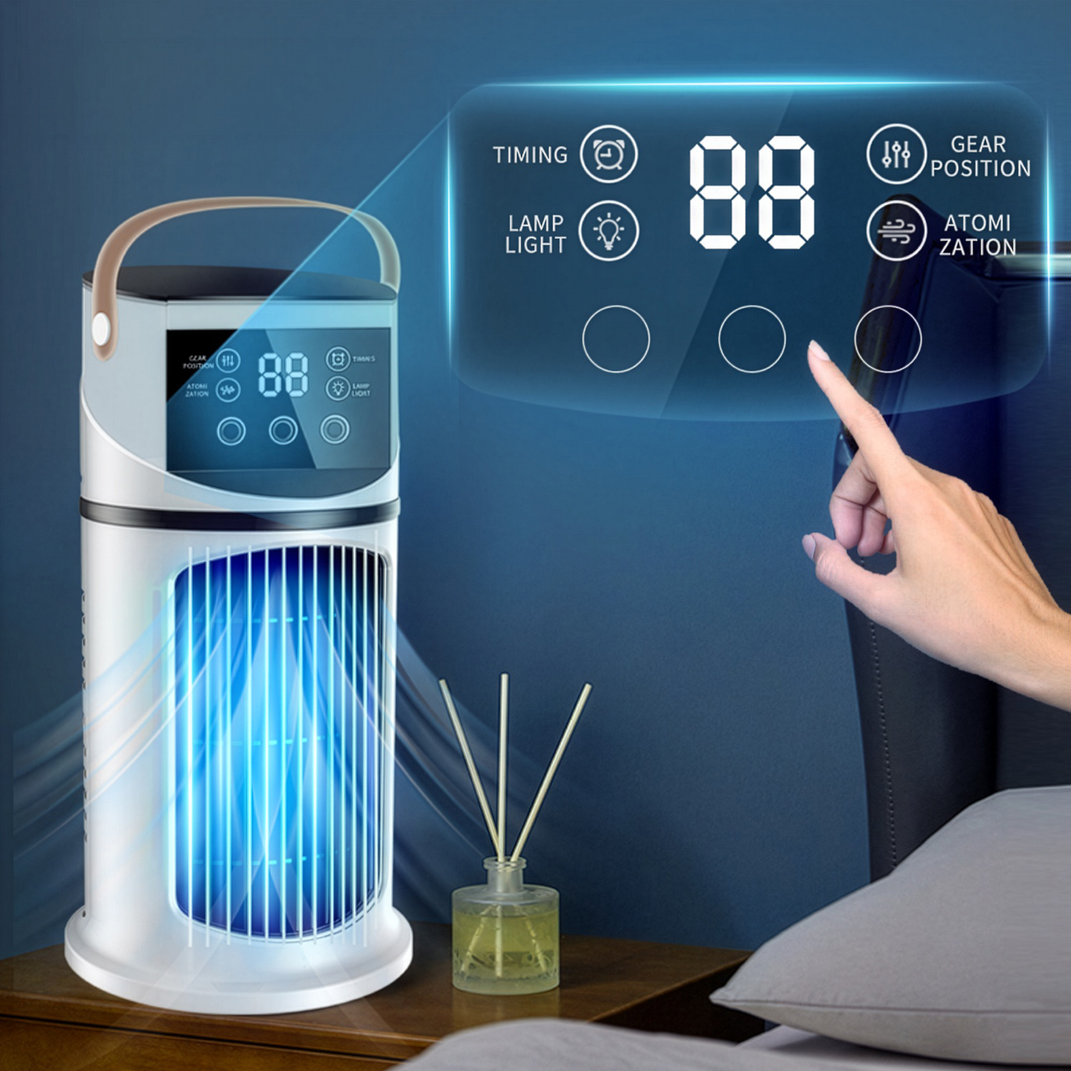 Una mano toca el panel de control digital iluminado de un enfriador de aire portátil en una mesita de noche.