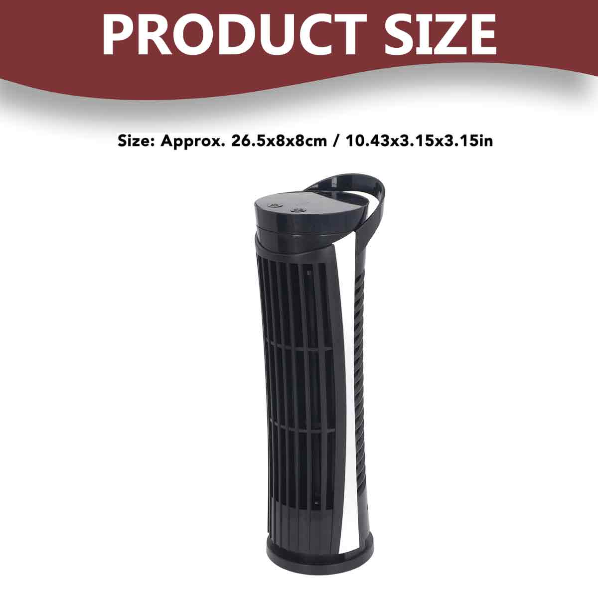 Ein schwarzer Turmventilator mit dem Text PRODUKTGRÖSSE und den Maßen 26,5x8x8cm vor weißem Hintergrund.