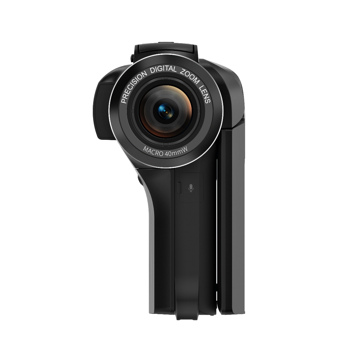 Schwarze digitale Videokamera mit digitalem Zoomobjektiv und integriertem Mikrofon auf weißem Hintergrund.