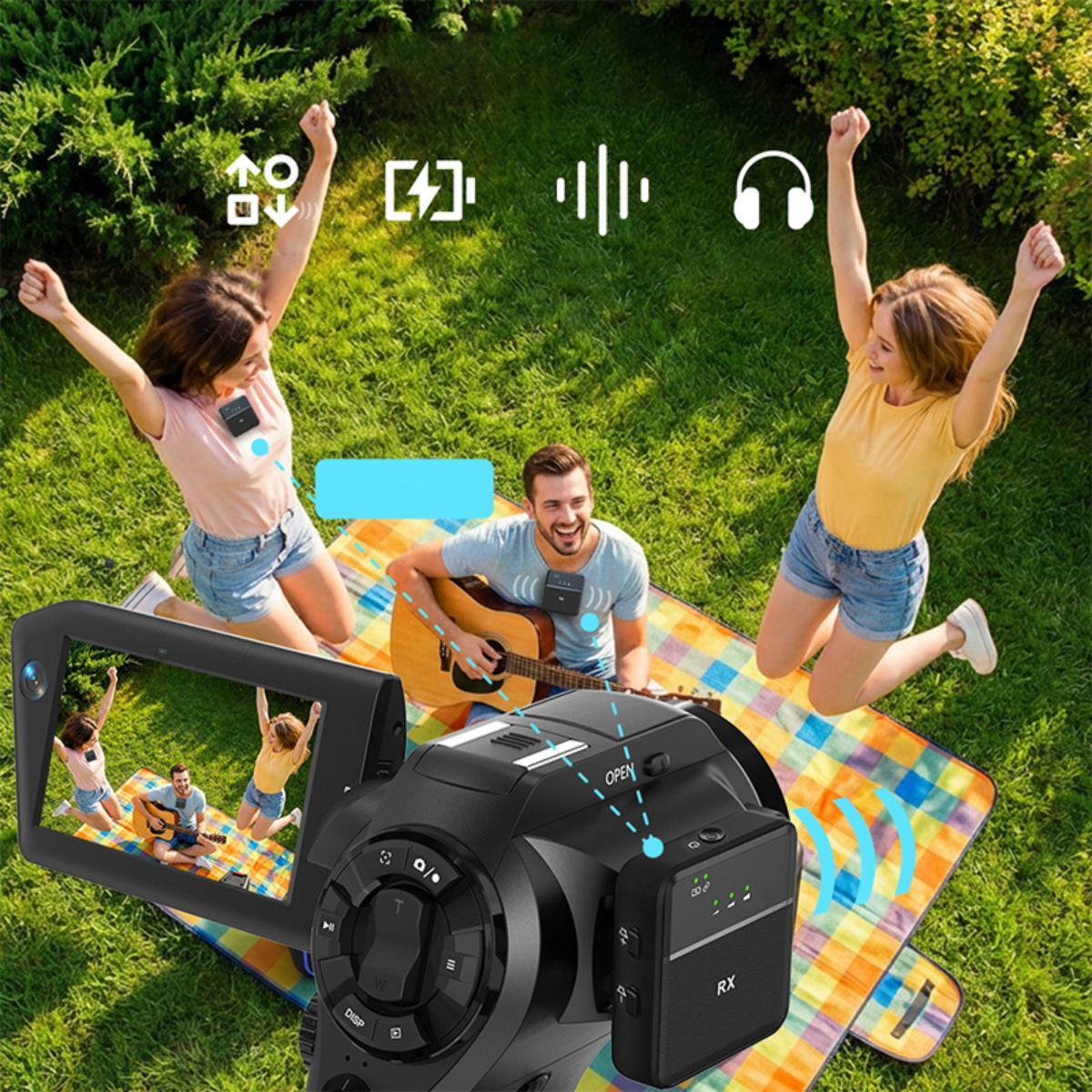 Eine Videokamera zeigt eine Picknickszene im Gras mit spielendem Mann und jubelnden Frauen, verbunden mit Audiosymbolen.