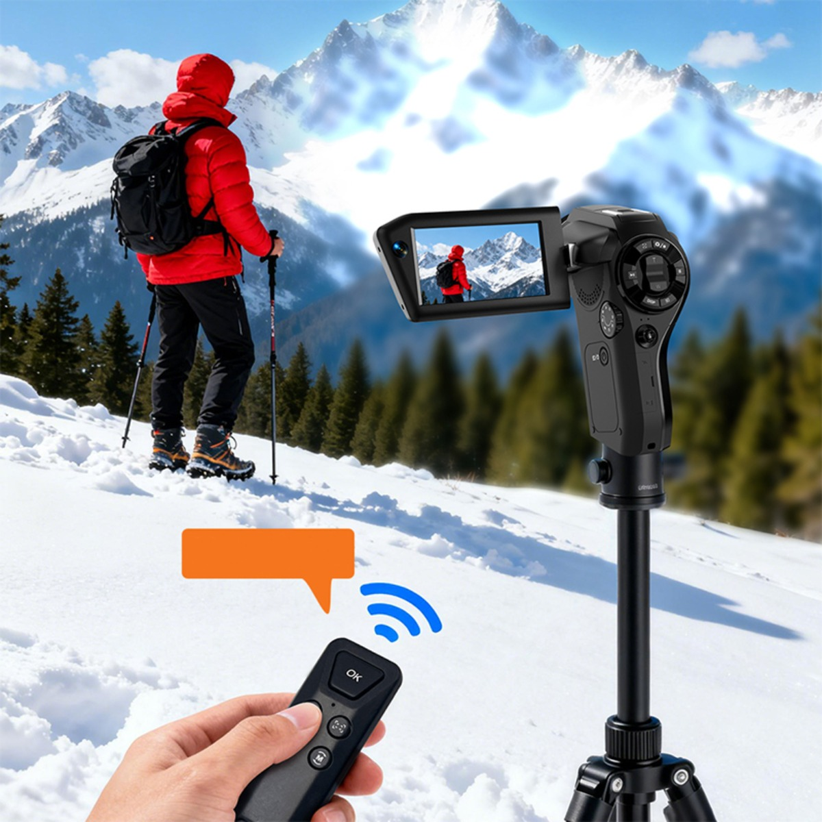 Eine Kamera auf einem Stativ filmt einen Wanderer in roter Jacke in verschneiten Bergen, ferngesteuert.