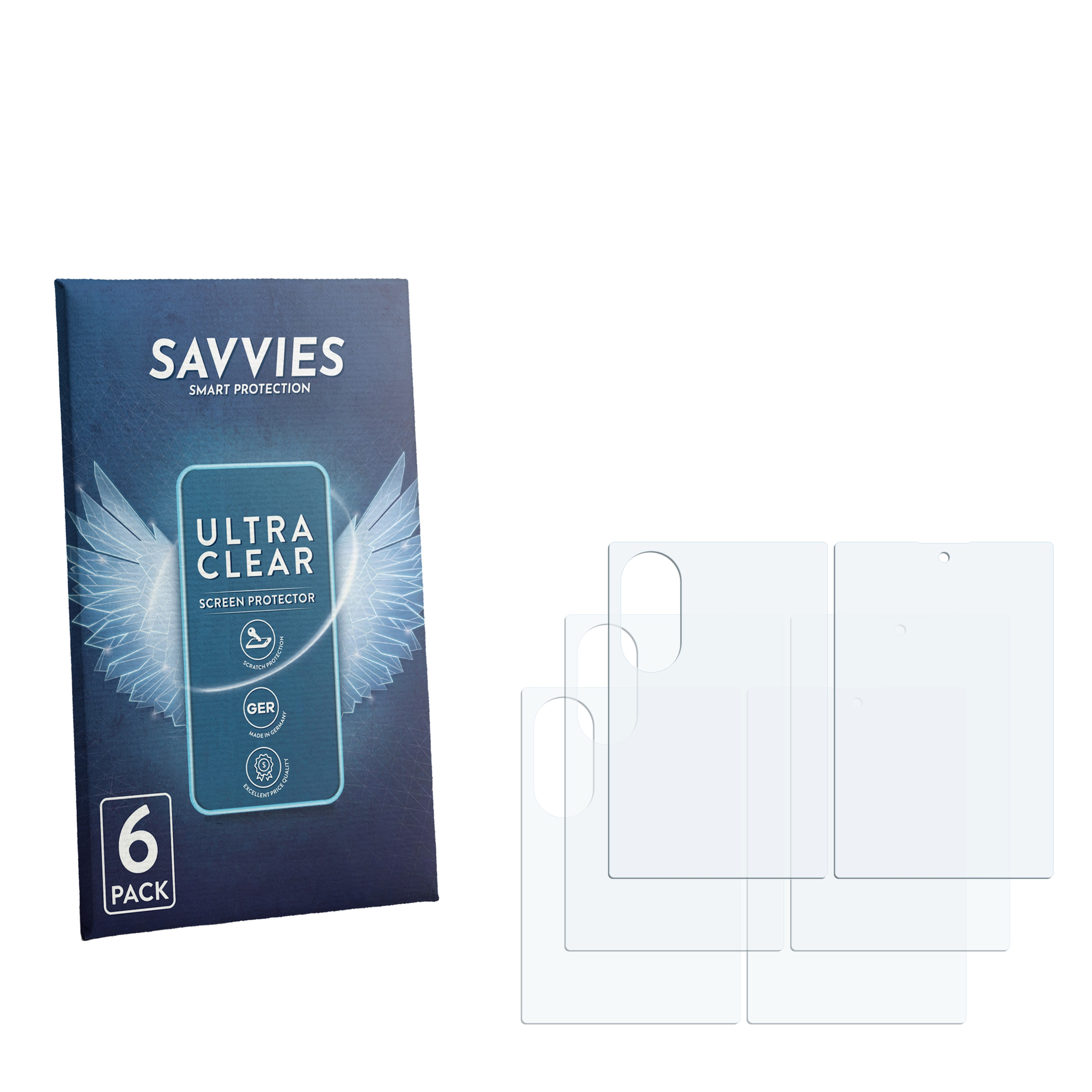 Savvies Ultra Clear Displayschutzfolie 6er-Pack in blauer Verpackung mit sechs transparenten Folien.