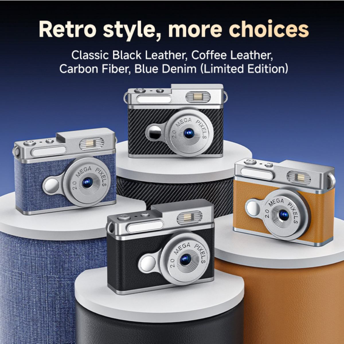 Vier retro-Kameras in Blau, Schwarz, Carbon und Braun auf Ständern.