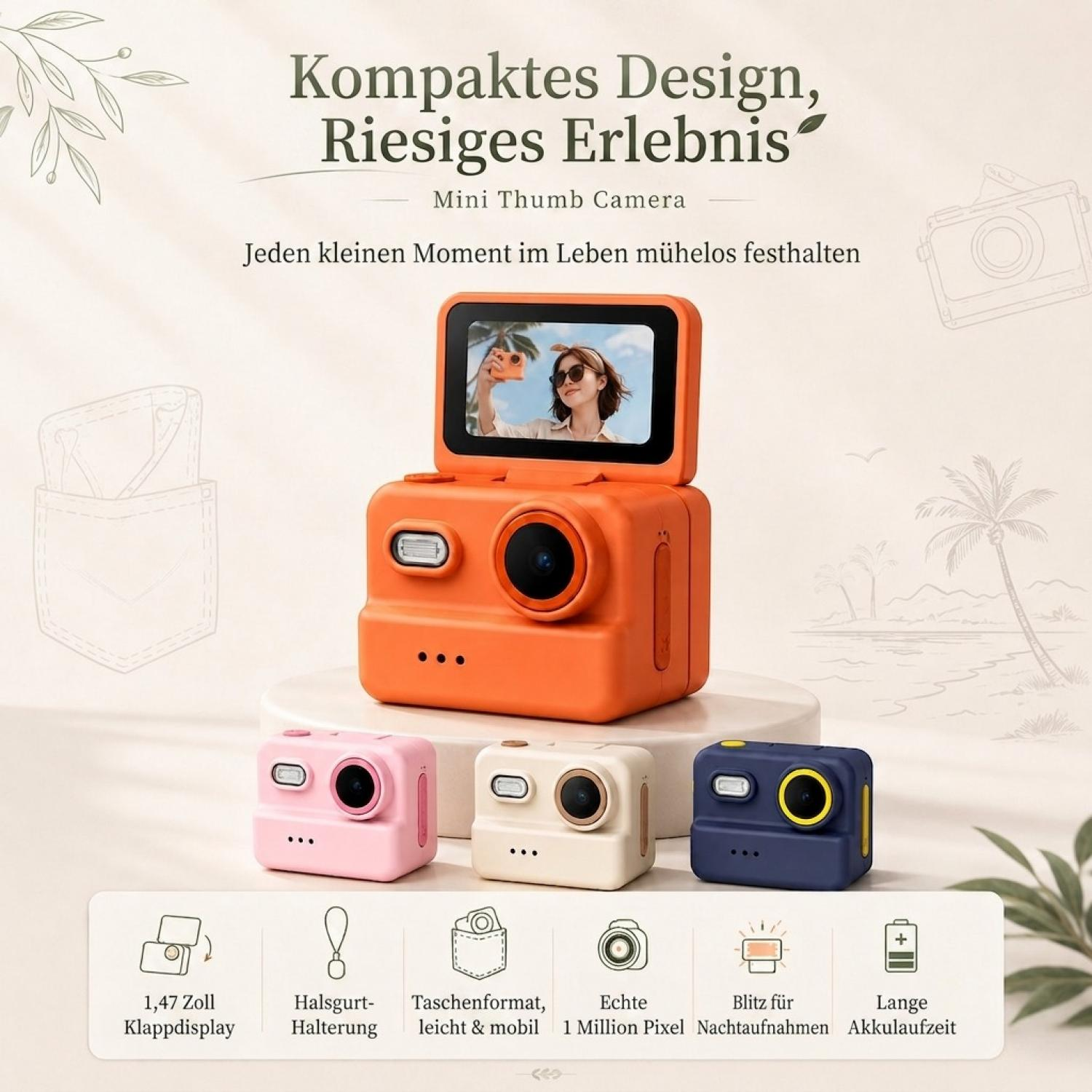 Kompakte orangefarbene Mini-Kamera mit Klappdisplay, begleitet von rosa, beigen und blauen Modellen.