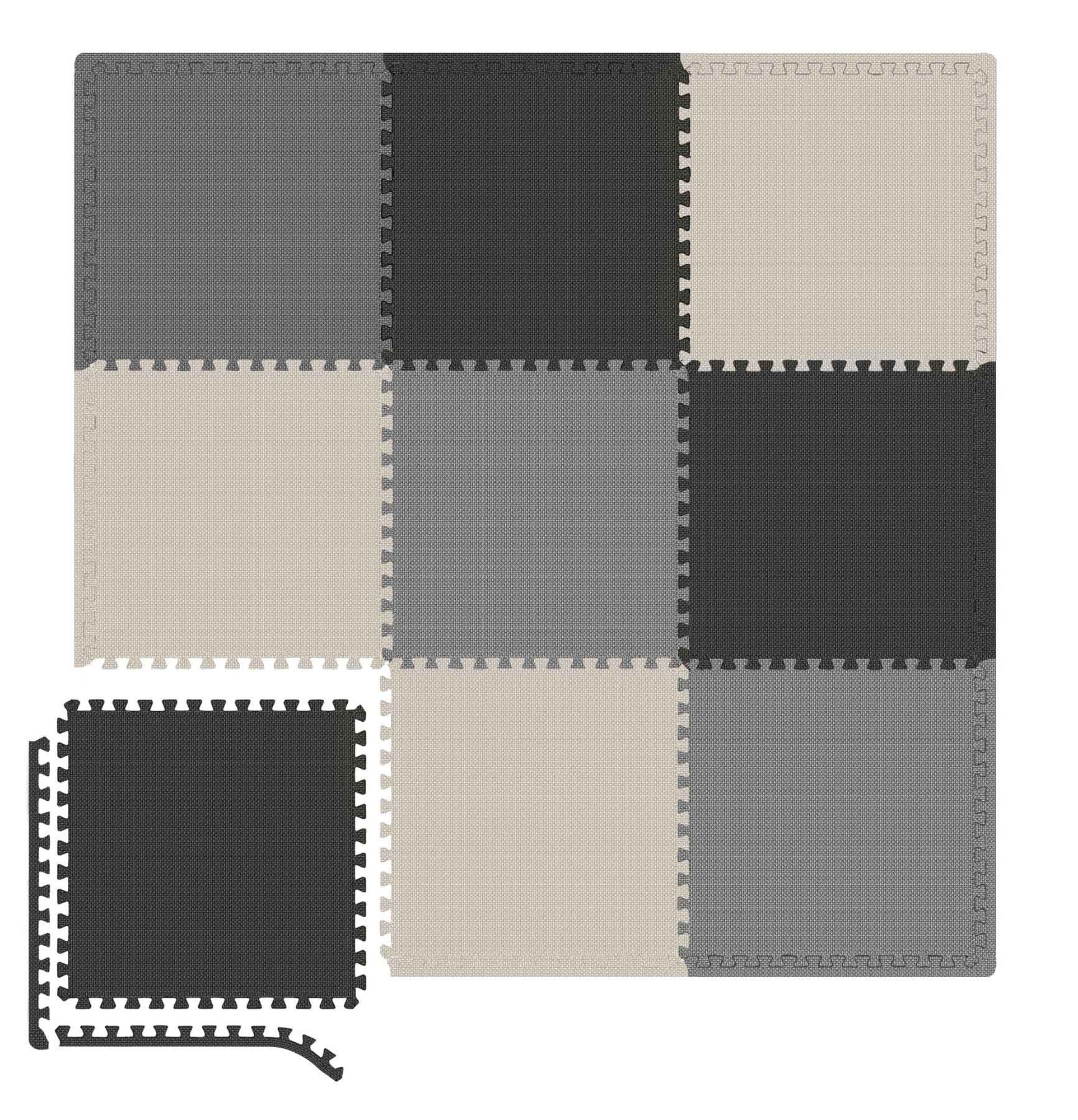 Verriegelnde Schaumstoff-Bodenmatten in Schwarz, Grau und Beige angeordnet mit einer separaten Matte.