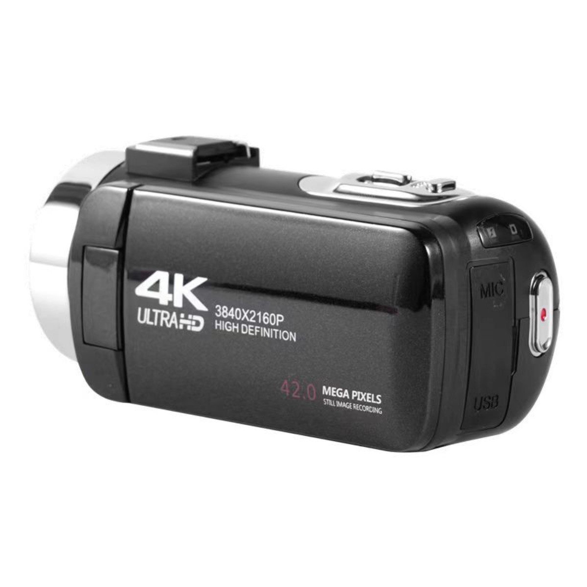 Schwarze 4K Ultra HD Videokamera mit 42 Megapixeln und USB-Anschluss auf weißem Hintergrund.