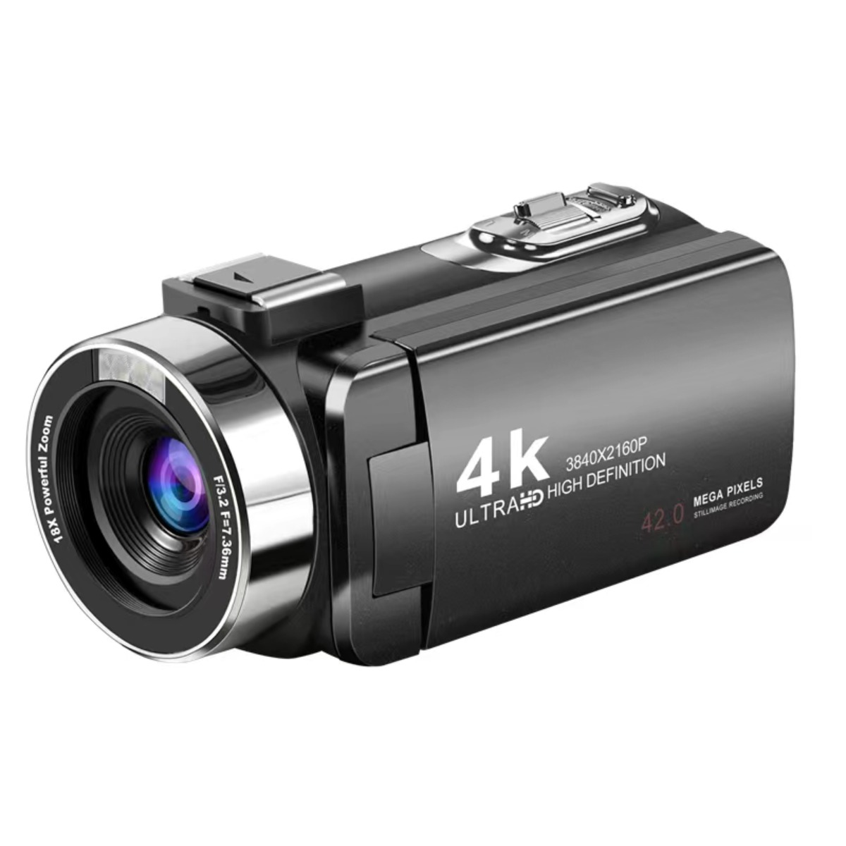 Eine schwarze 4K Ultra HD Digitalkamera mit großem Objektiv und Textaufschriften auf einem weißen Hintergrund.