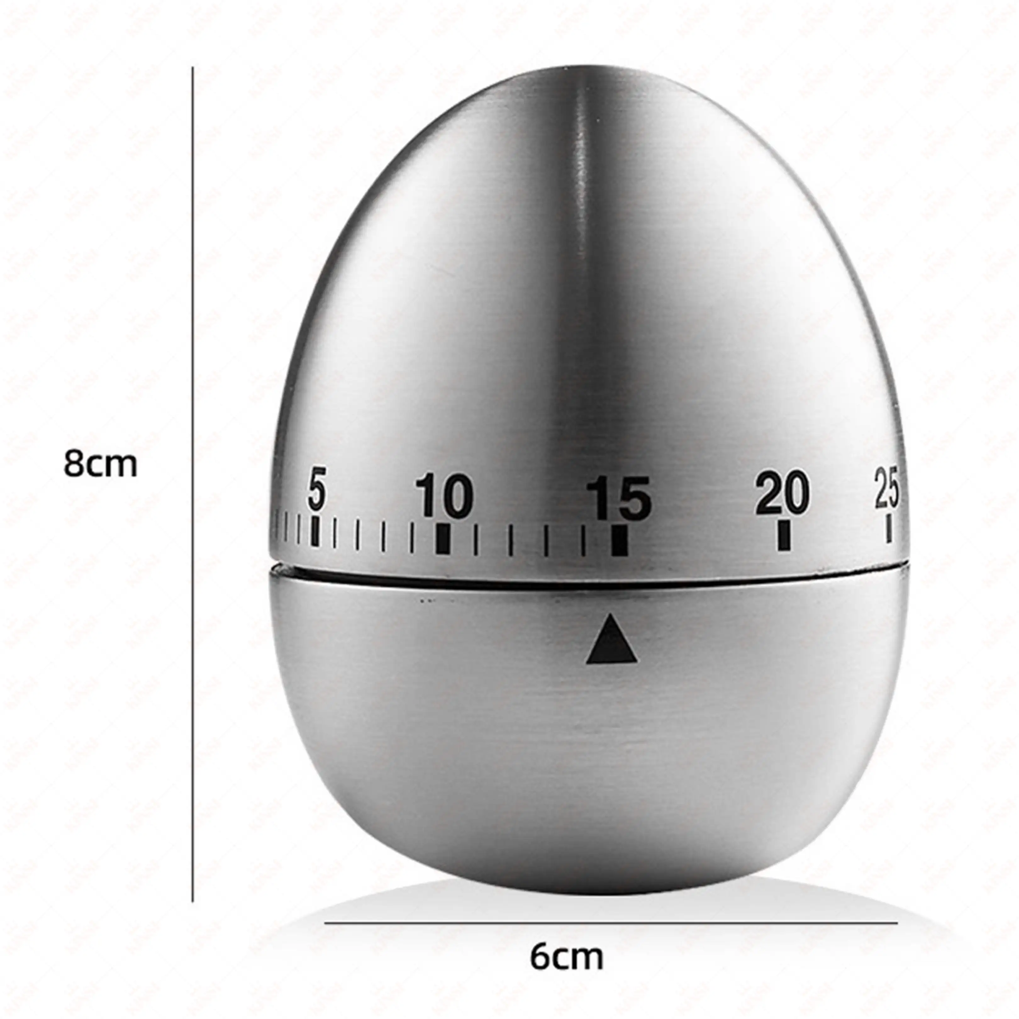 Ei-förmiger Edelstahl-Küchenwecker, 8 cm hoch und 6 cm breit, mit gedruckten Zahlen von 5 bis 25 Minuten.