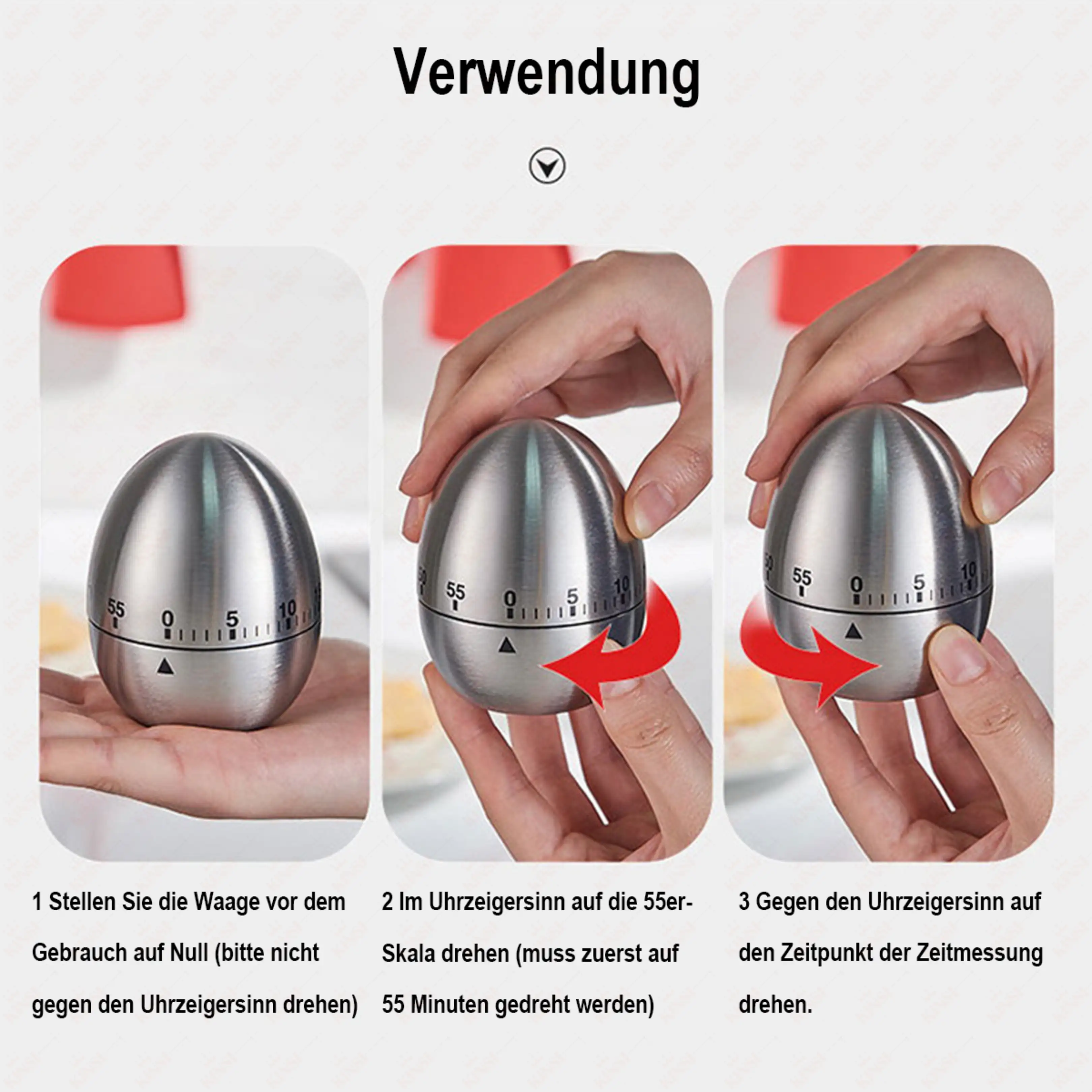Anleitung zur Bedienung eines eiförmigen Edelstahl-Küchentimers mit drei Schritten und Händen.