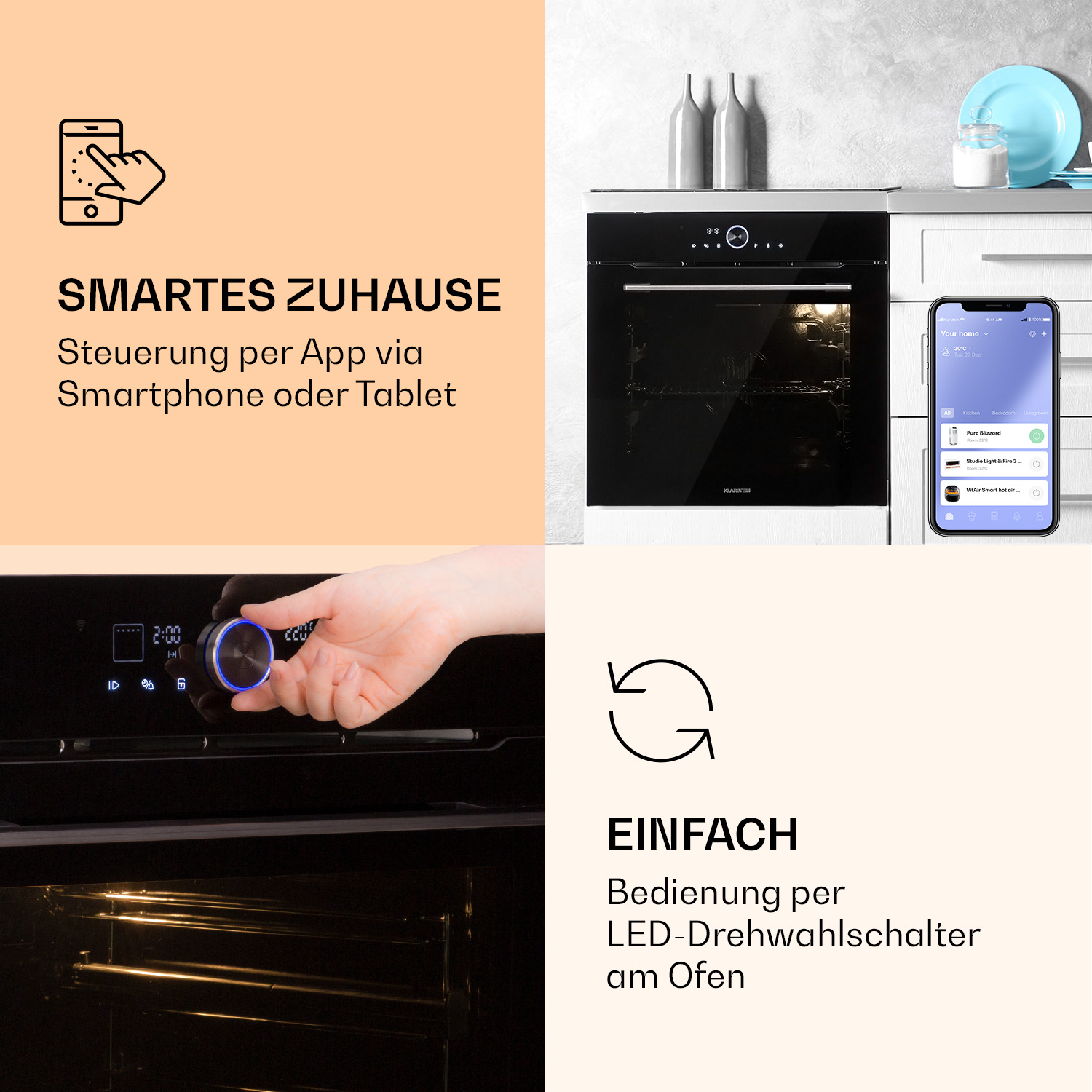 Intelligenter Ofen mit App-Steuerung, LED-Drehknopf und moderner Kücheneinrichtung.