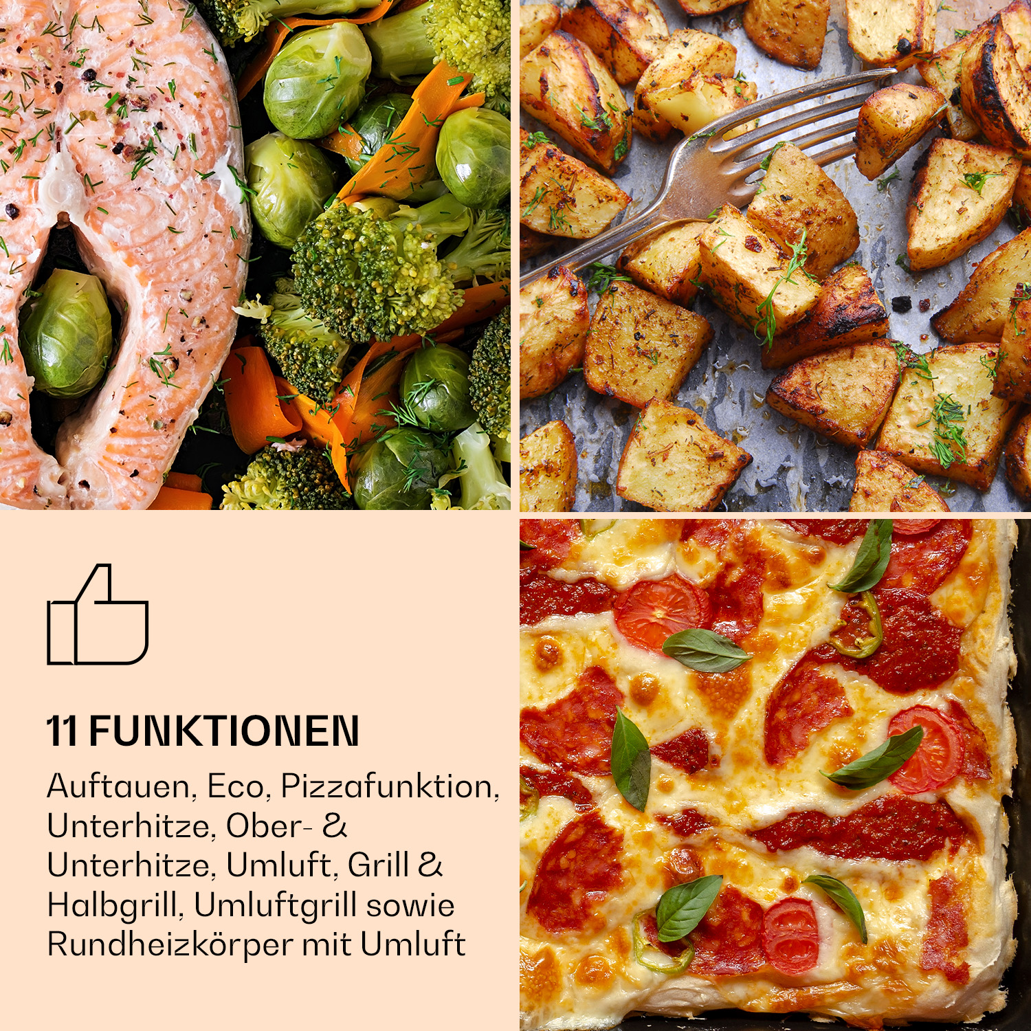 Collage aus Lachs mit Gemüse, Ofenkartoffeln und einer fertig gebackenen Pizza, begleitet von Text.