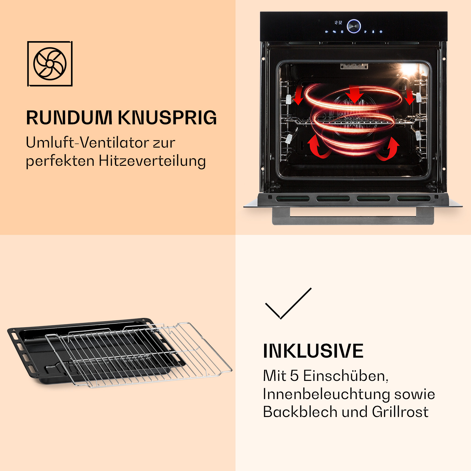 Ein Ofen mit Umluft, Backblech und Grillrost sowie erklärendem Text auf einem beigen Hintergrund.