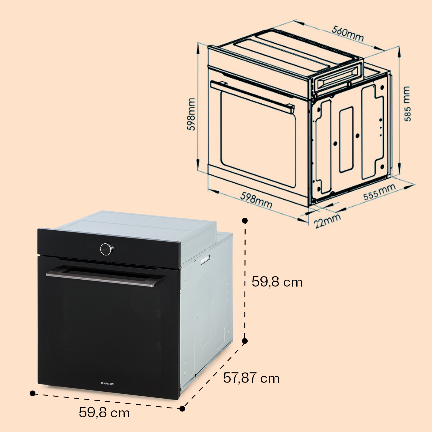 Diagramm und Foto eines modernen Ofens mit Maßangaben in Zentimetern und Millimetern.