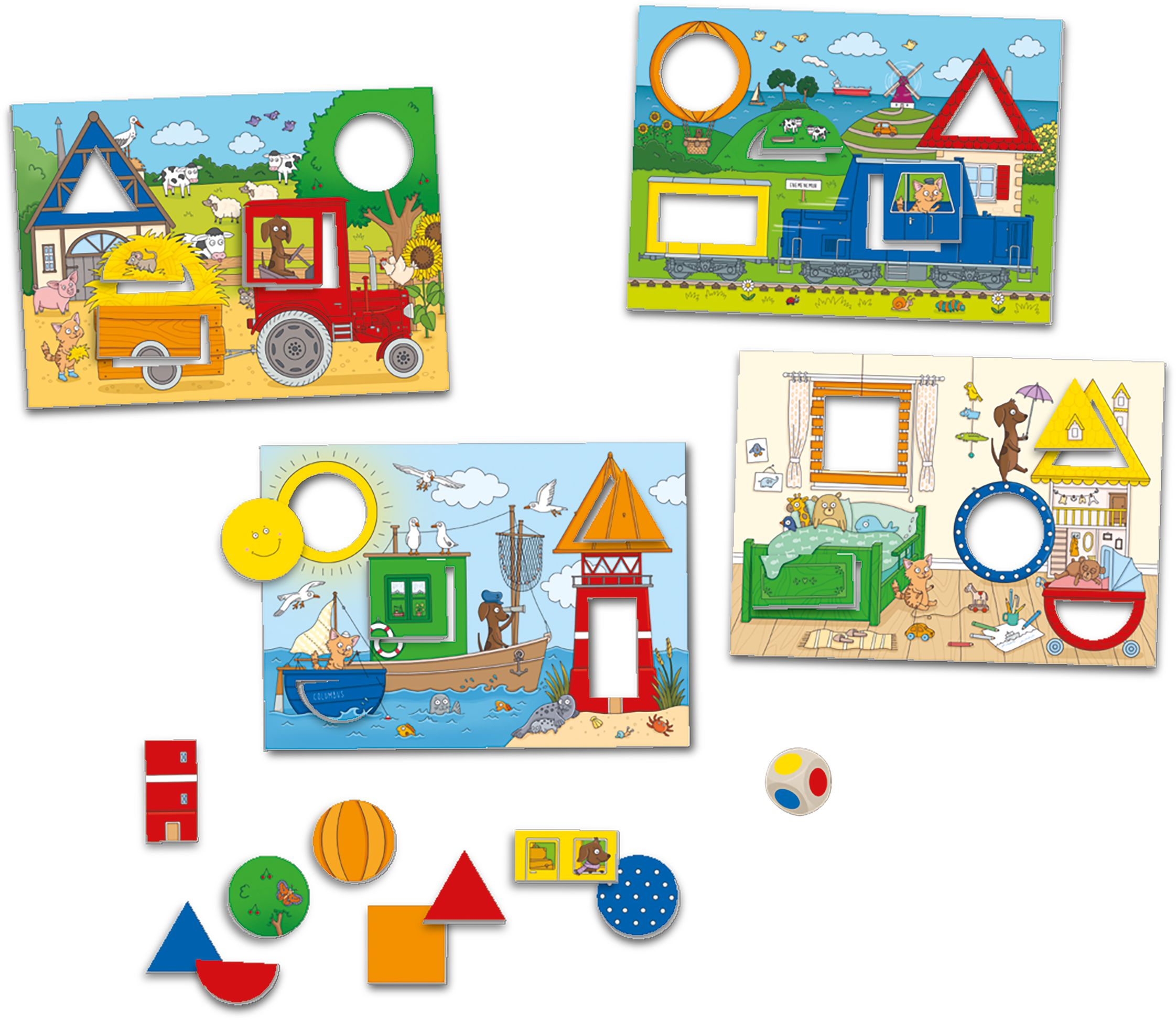 Kinderspiel mit bunten Legebrettern, geometrischen Formen und Tiermotiven.