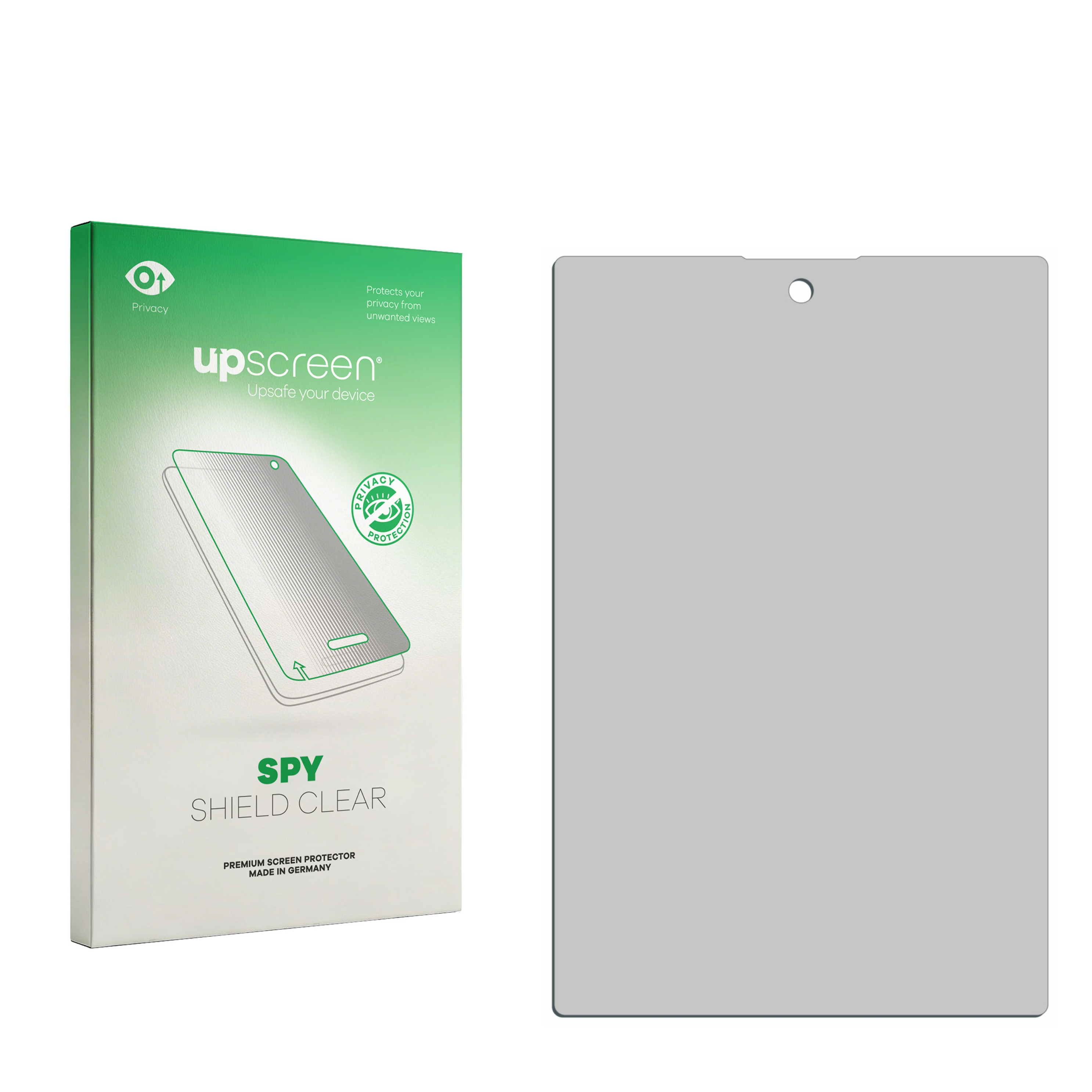 Upscreen Spy Shield Clear Blickschutzfolie und grüne Verpackungsschachtel auf weißem Hintergrund.