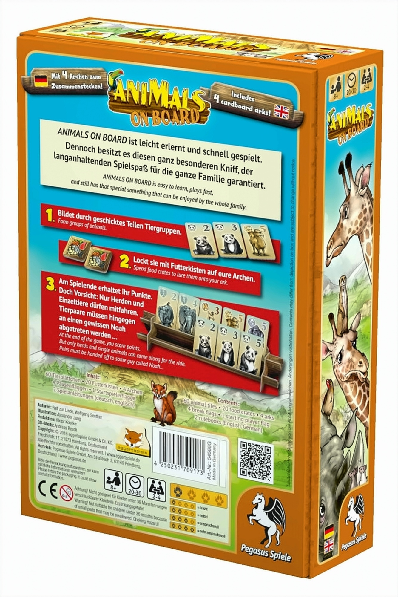 Rückseite der Animals on Board Spielschachtel mit Regeln, Komponenten und Tierillustrationen.