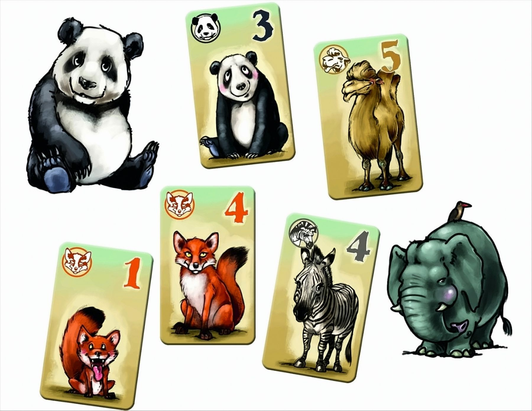Illustration von Spielkarten mit Tieren wie Panda, Kamel, Fuchs, Zebra und Elefant vor weißem Hintergrund.