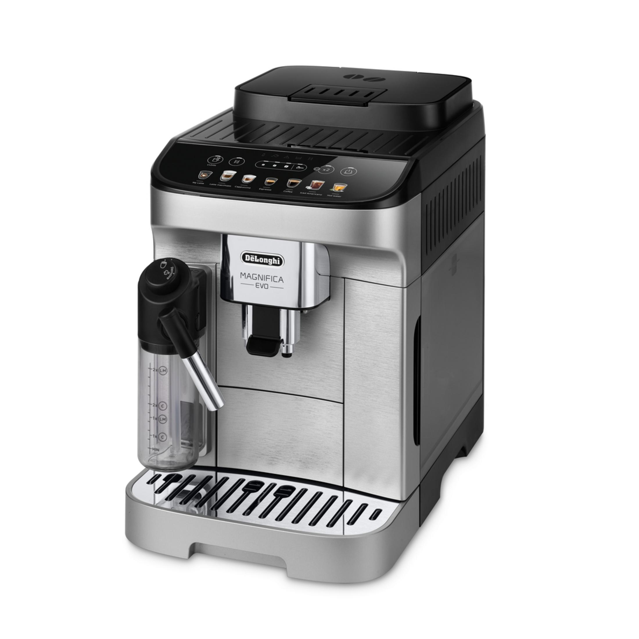 Una macchina da caffè DeLonghi Magnifica Evo argento e nera con montalatte e pannello touch.