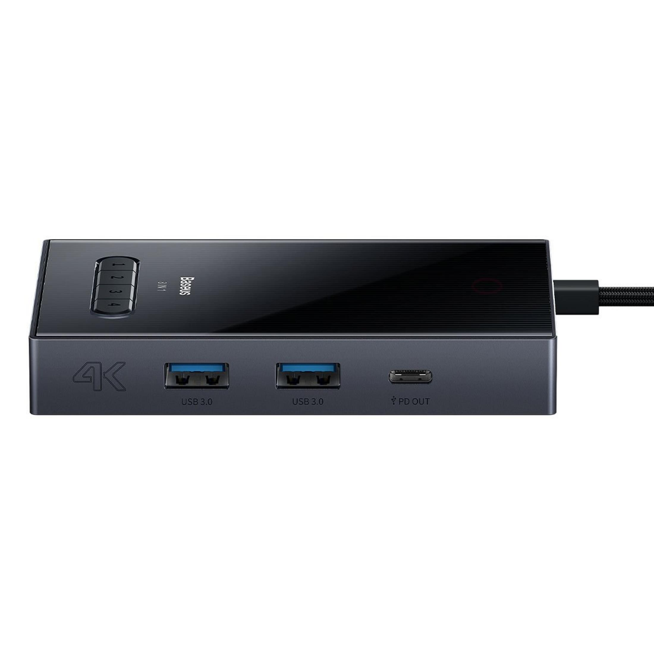 Un hub USB-C Baseus grigio con due porte USB 3.0, una porta PD e etichetta 4K su sfondo bianco.