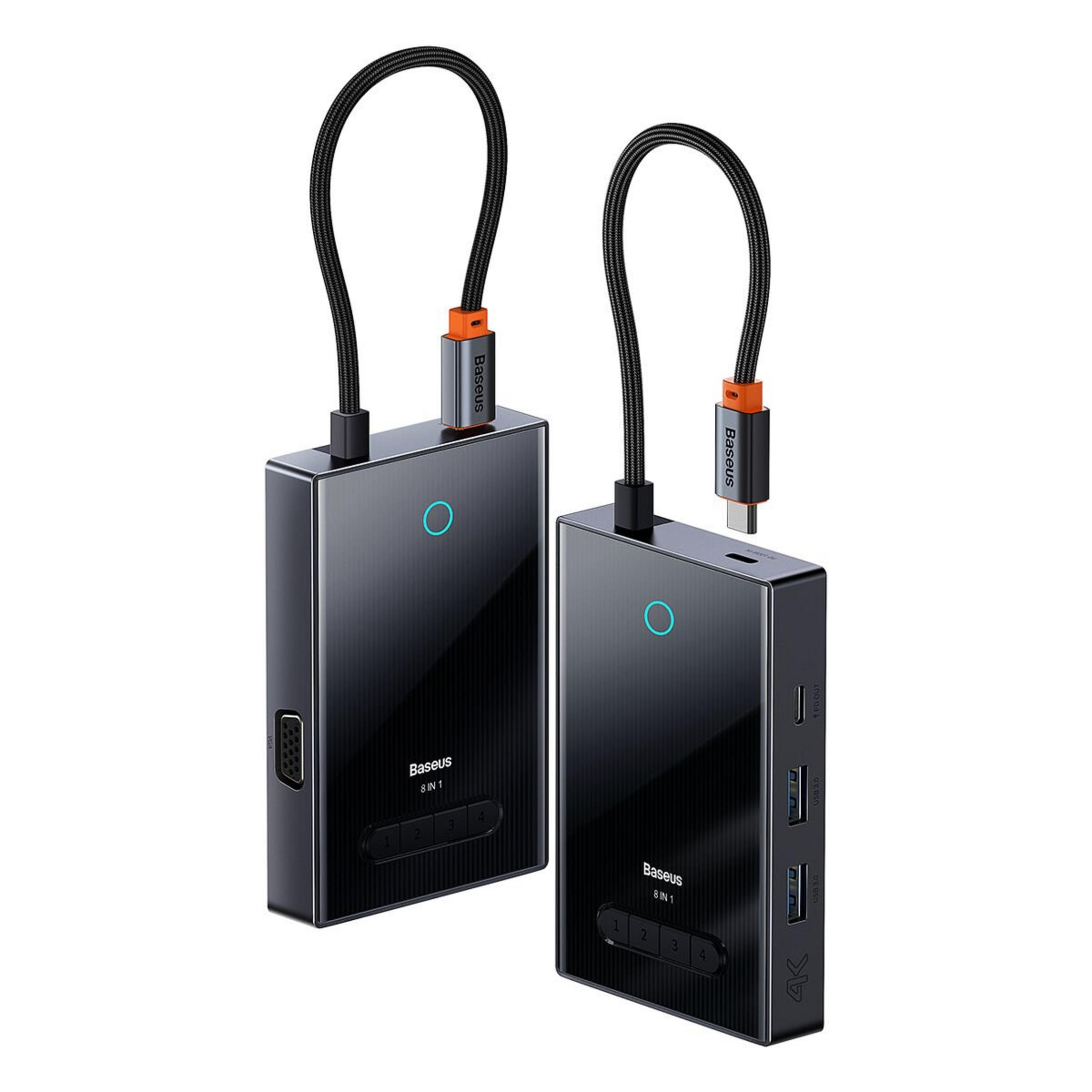 Due hub USB-C Baseus 8 in 1 grigio scuro con cavi intrecciati e cerchi indicatori blu luminosi su sfondo bianco.