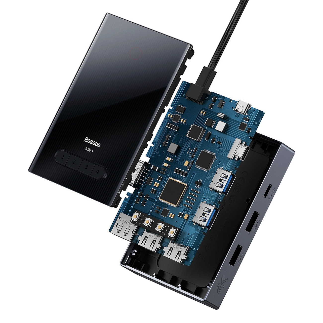 Vista esplosa di un hub USB Baseus 8 in 1 con scheda madre blu e custodia.