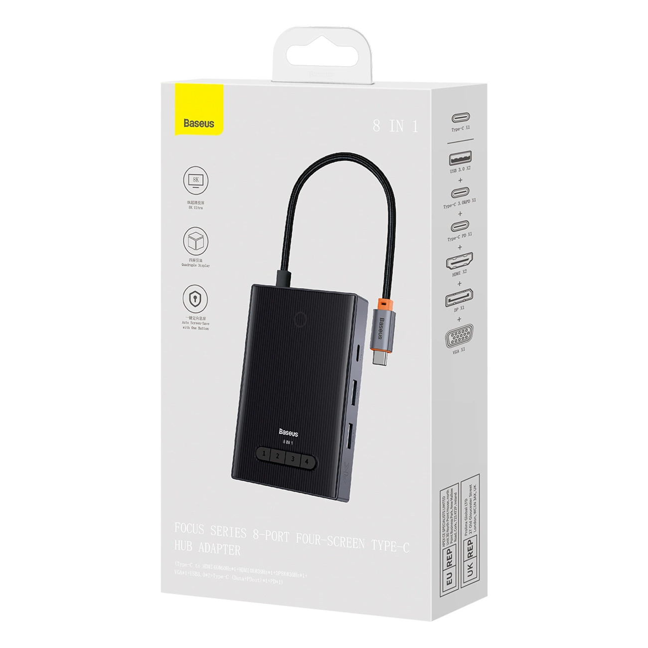 Adattatore Hub Type-C 8 in 1 Baseus Focus Series in confezione bianca.